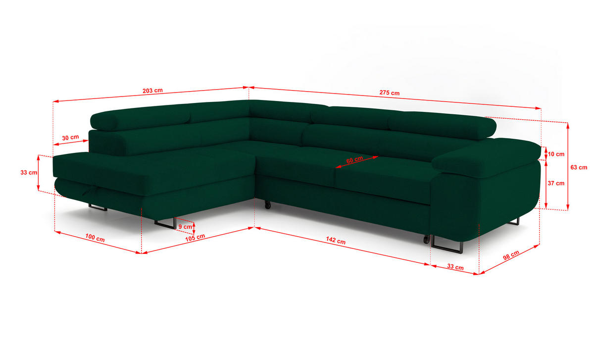 ECKSOFA Velmo mit Bettkasten und Schlaffunktion, verstellbaren Kopfstützen, in L-Form - Dunkelgrün, Textil (275/203cm)