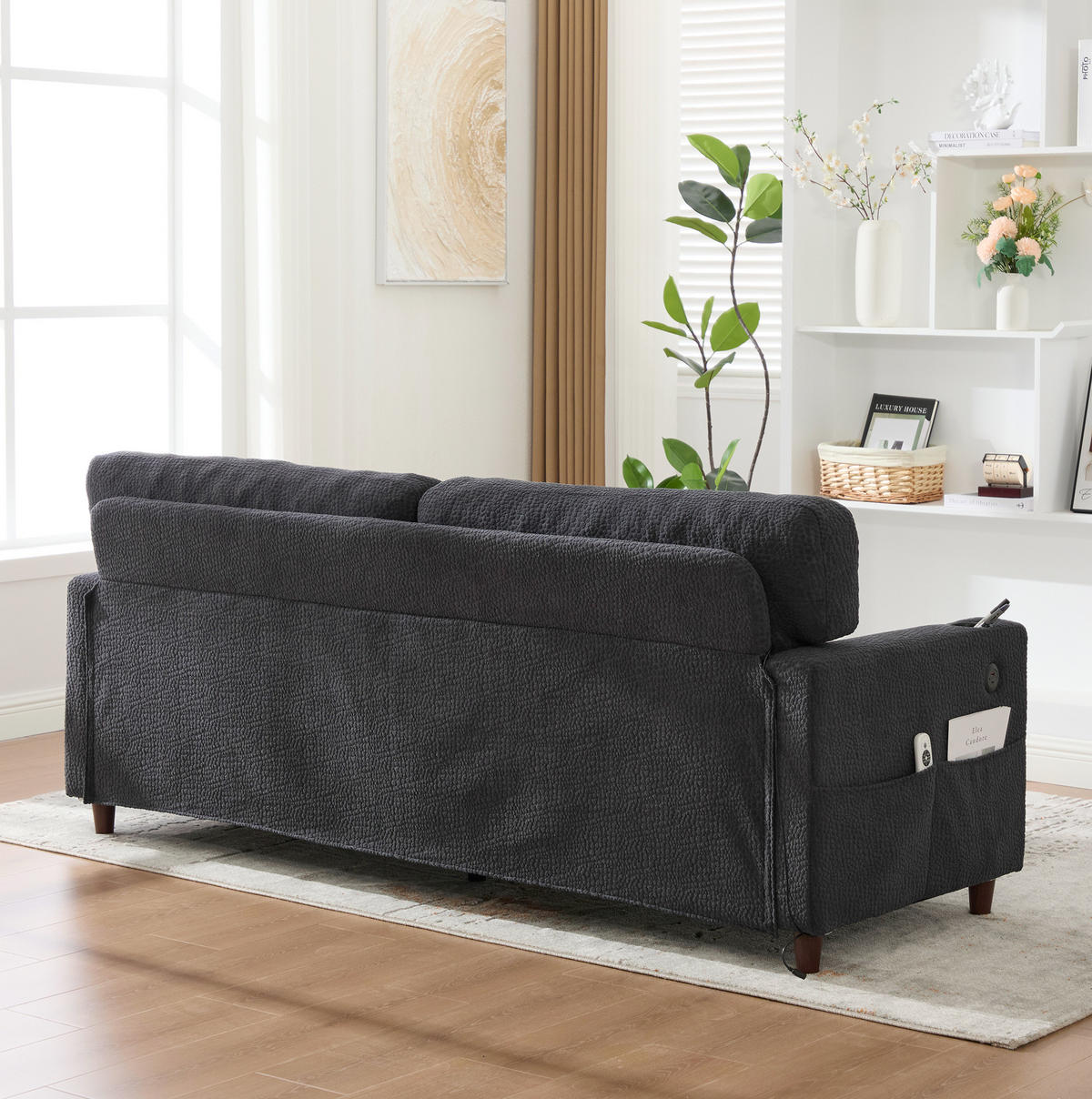 ZWEISITZER Sofa Chenille mit USB-Anschluss LED-Licht und Getränkehaltern 203/77,5/86 cm Dunkelgrau - Dunkelgrau, Textil (77.5/86/203cm) - Redom