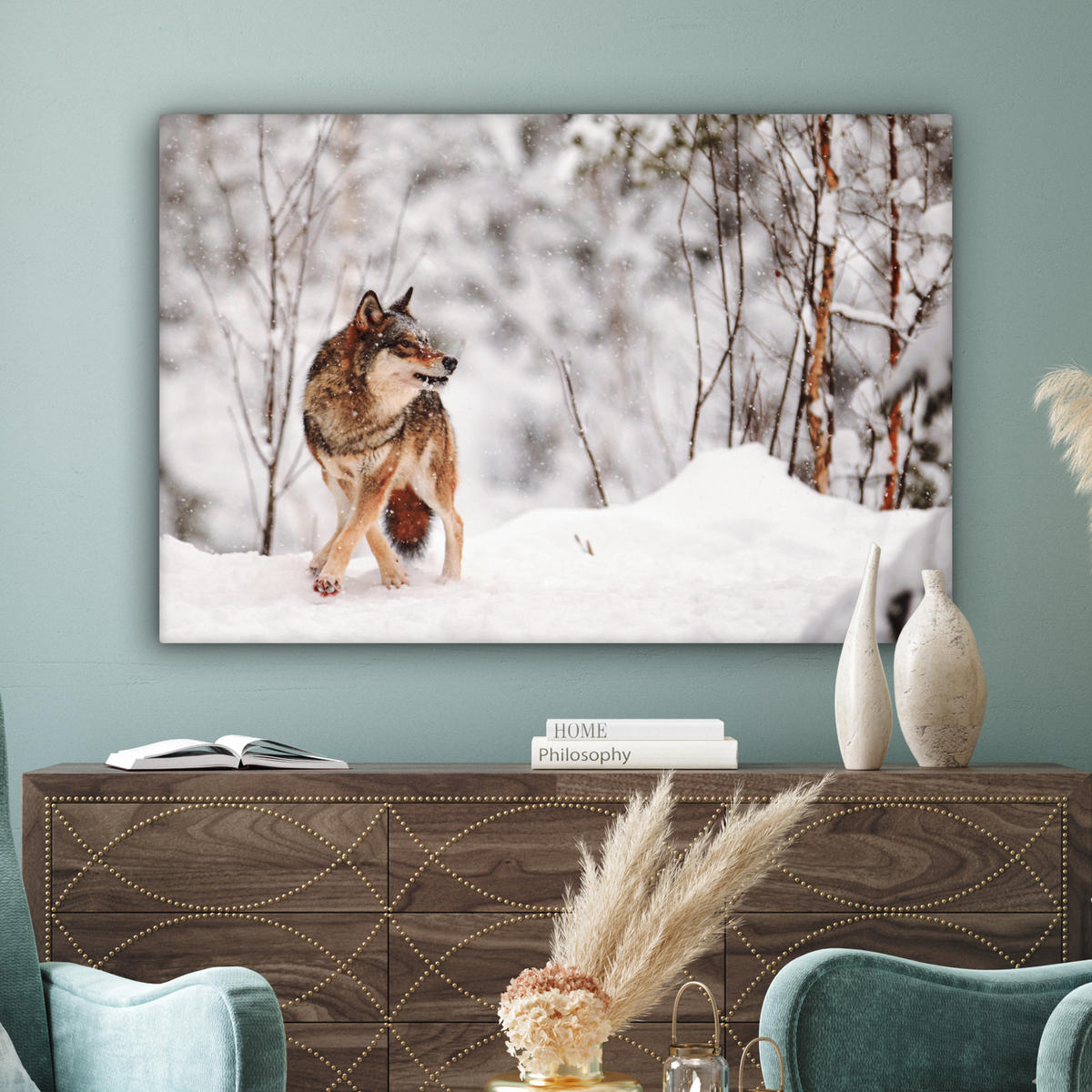 LEINWANDBILD Wolf - Winter - Schnee - Natur - Tiere Wohnzimmer 120x80 cm - Haselnussfarben, Textil (120/80cm) - MuchoWow