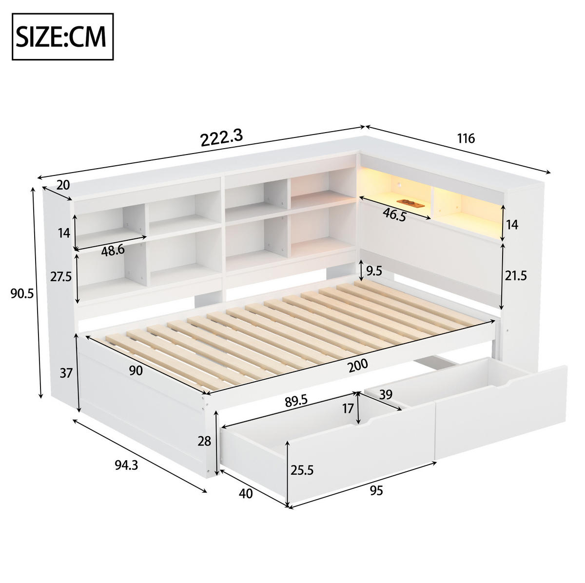 SCHLAFSOFA aus Kiefernholz 90x200 cm Weiß mit Stauraum, LED-Leiste und USB-Steckdose - Weiß, Holzwerkstoff (90/200cm) - IVMEU