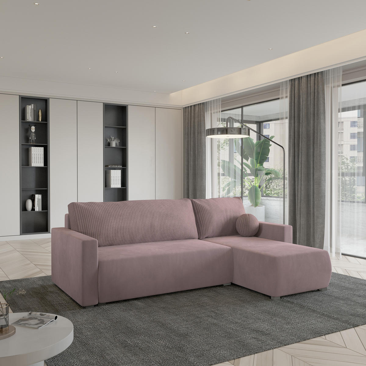 ECKSOFA SORGE Rosa Plüsch-Stoff mit Schlaffunktion - Rosa, Holz (220/143cm) - MASSENO