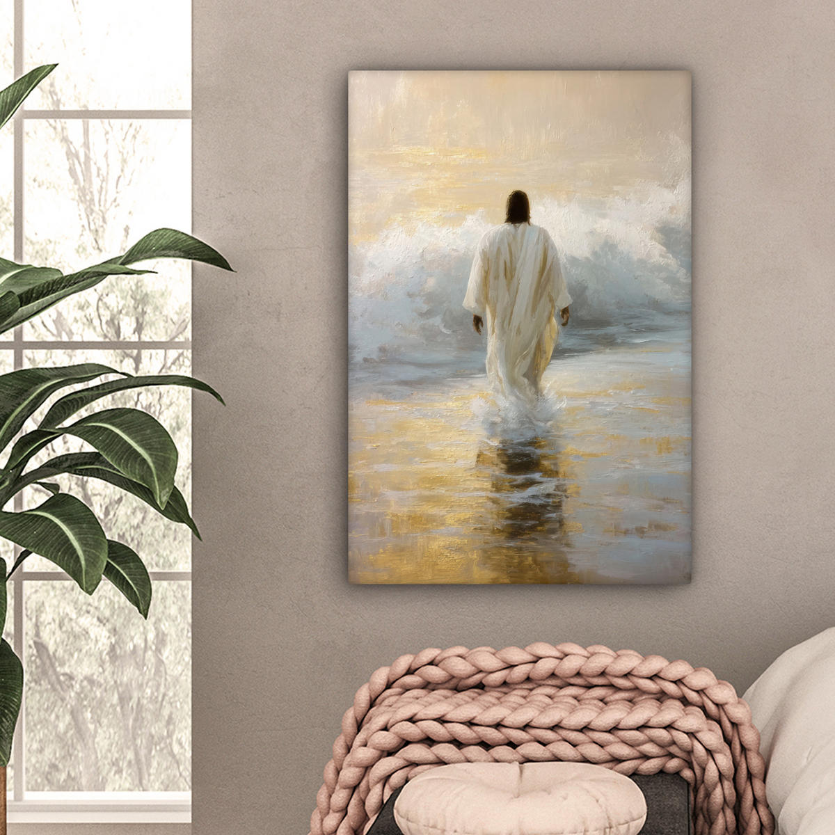 LEINWANDBILD Gemälde - Welle - Jesus - Abstrakt Wanddeko Schlafzimmer 60x90 cm - Goldfarben, Textil (60/90cm) - MuchoWow