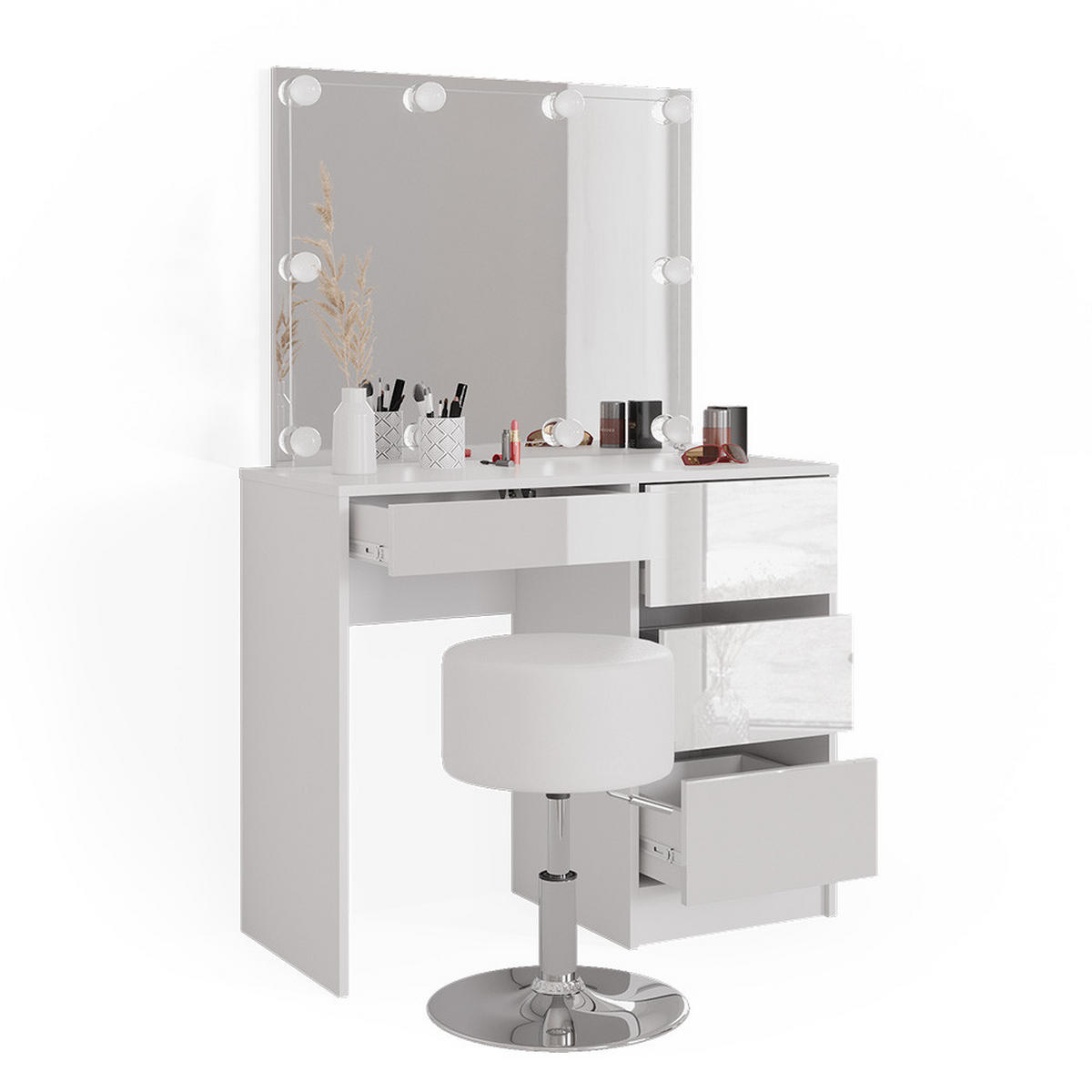 SCHMINKTISCH Sherry Weiß 90 cm mit LED Beleuchtung und Hocker - Weiß, Holzwerkstoff (90/75/40cm) - Vicco