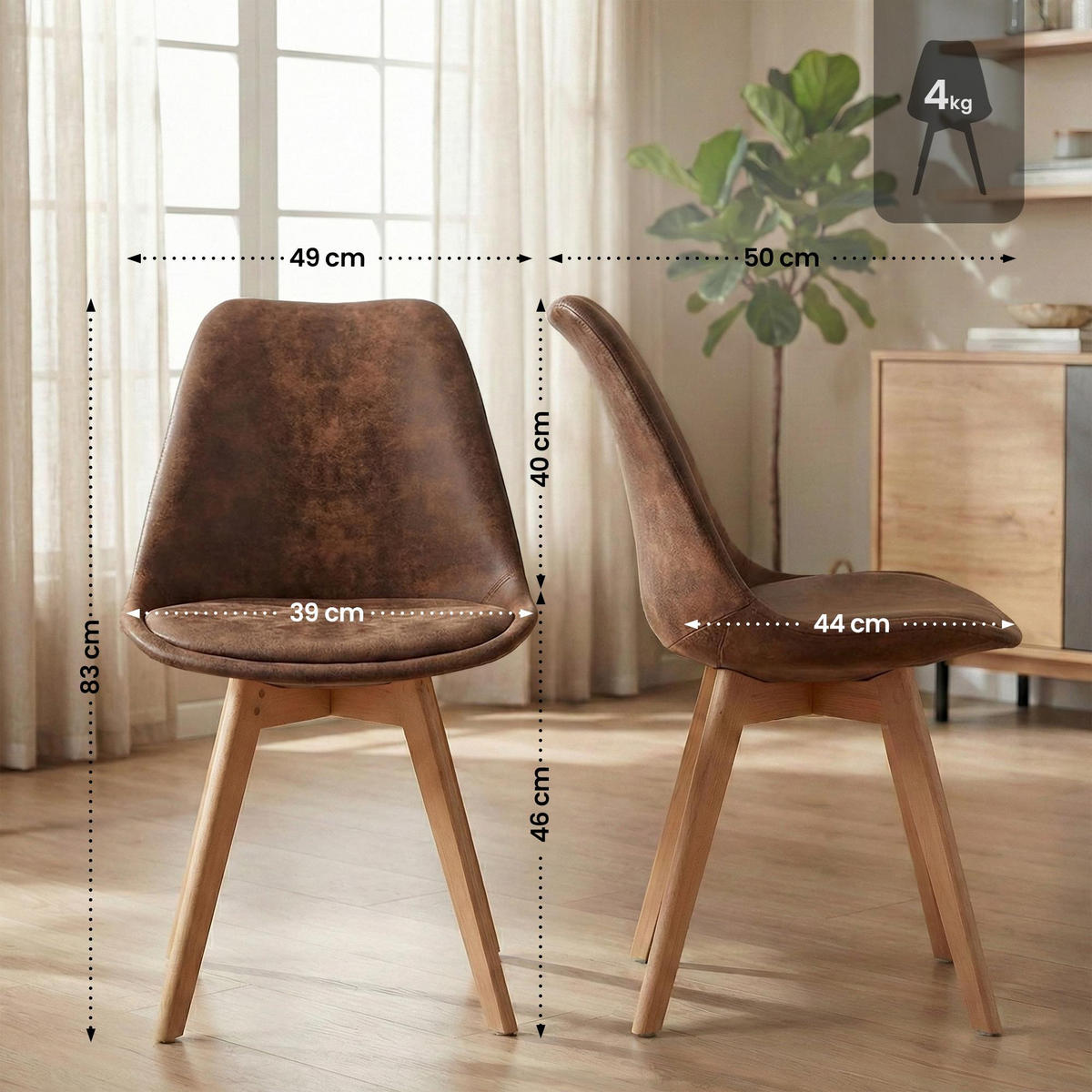 STUHL 4 Lederlook Braun - Eukalyptusholzfarben/Braun, Holz/Textil (49/83/50cm) - CLP