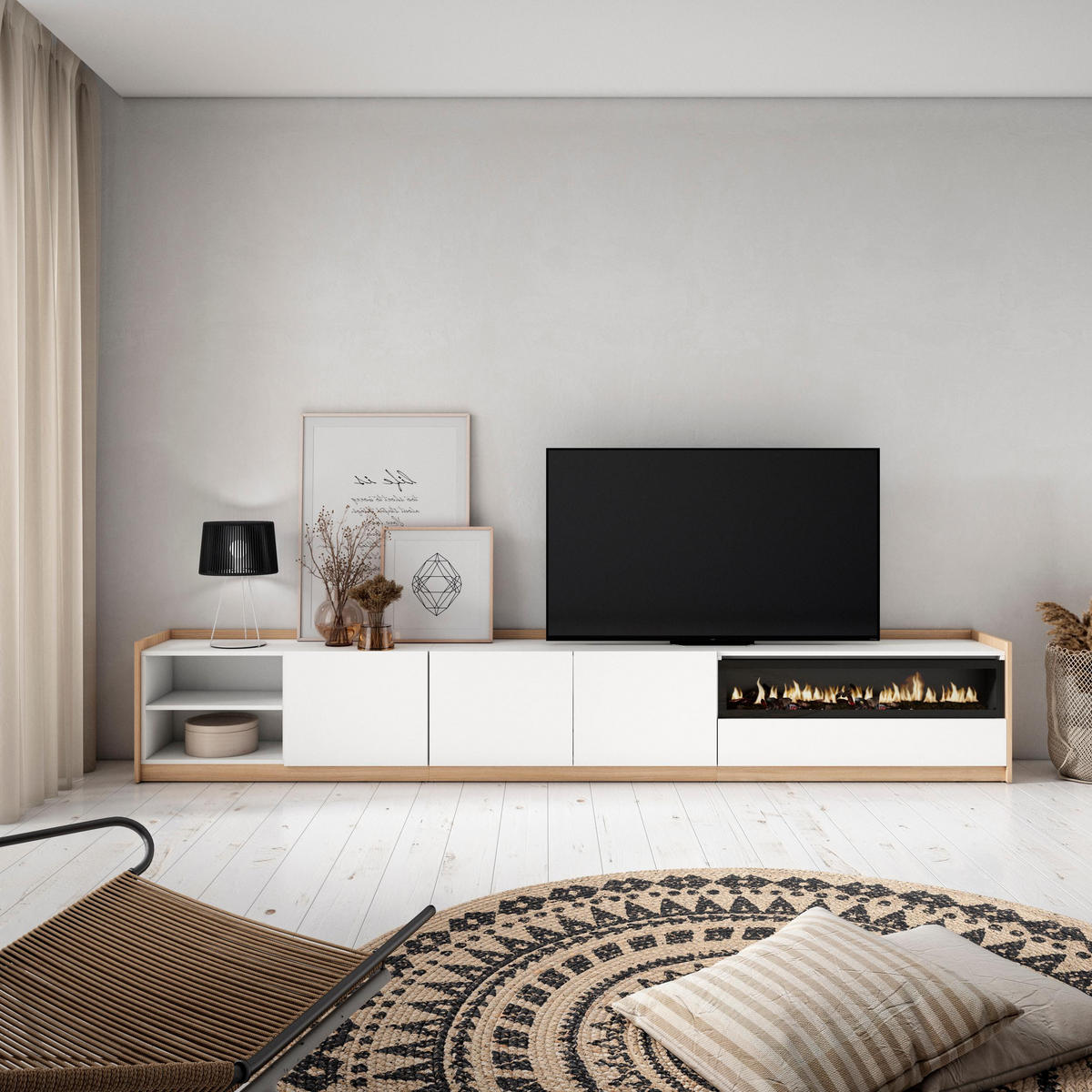 TV-SCHRANK, Lowboard, Weiß und Eiche Soft, Elektrokamin, 310/37/50cm - Weiß, Holzwerkstoff (310/50/37cm) - Skraut Home