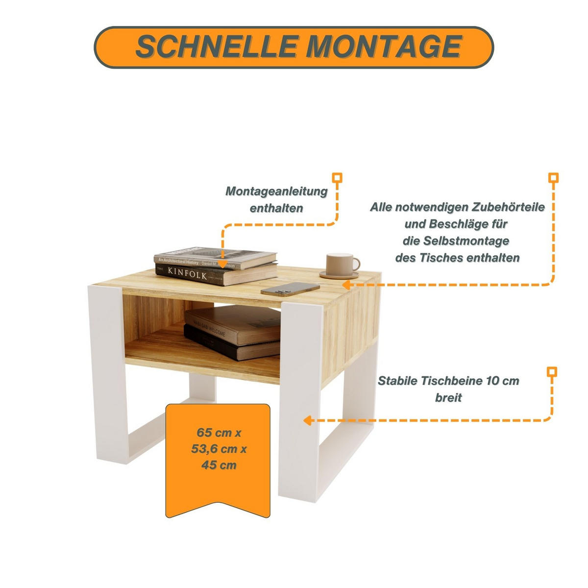 COUCHTISCH Holzwerkstoff rechteckig stabil Kiefer Milford 45/53,6/65cm - Kiefer Milford/Weiß, Holzwerkstoff (53.6/65/45cm) - CraftPAK