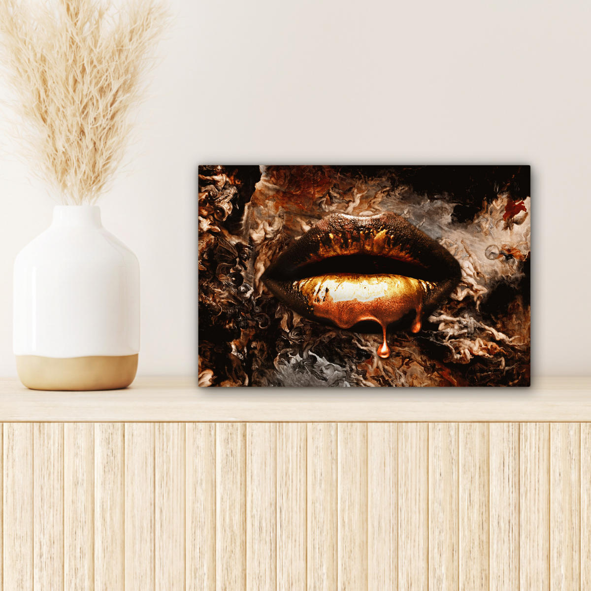 LEINWANDBILD Gold - Lippen - Kunst - Gold - Luxus - Abstrakt 30x20 cm - Kupferfarben, Textil (30/20cm) - MuchoWow