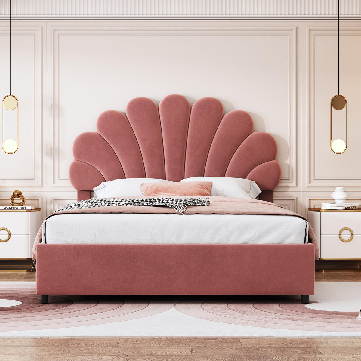 POLSTERBETT 140/200 cm mit geblümtem Kopfteil und hydraulischem Stauraum aus Samt - Pink, Textil (140/200cm) - OKWISH