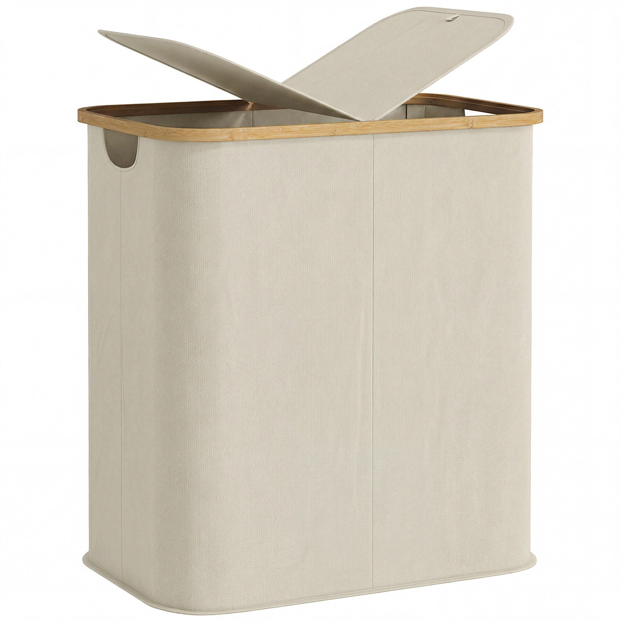 WÄSCHEKORB DE-18814 2 Fächer, 80L mit Deckel & klappbar Beige - Beige, Textil (54/58.5/34cm) - ComfortXL