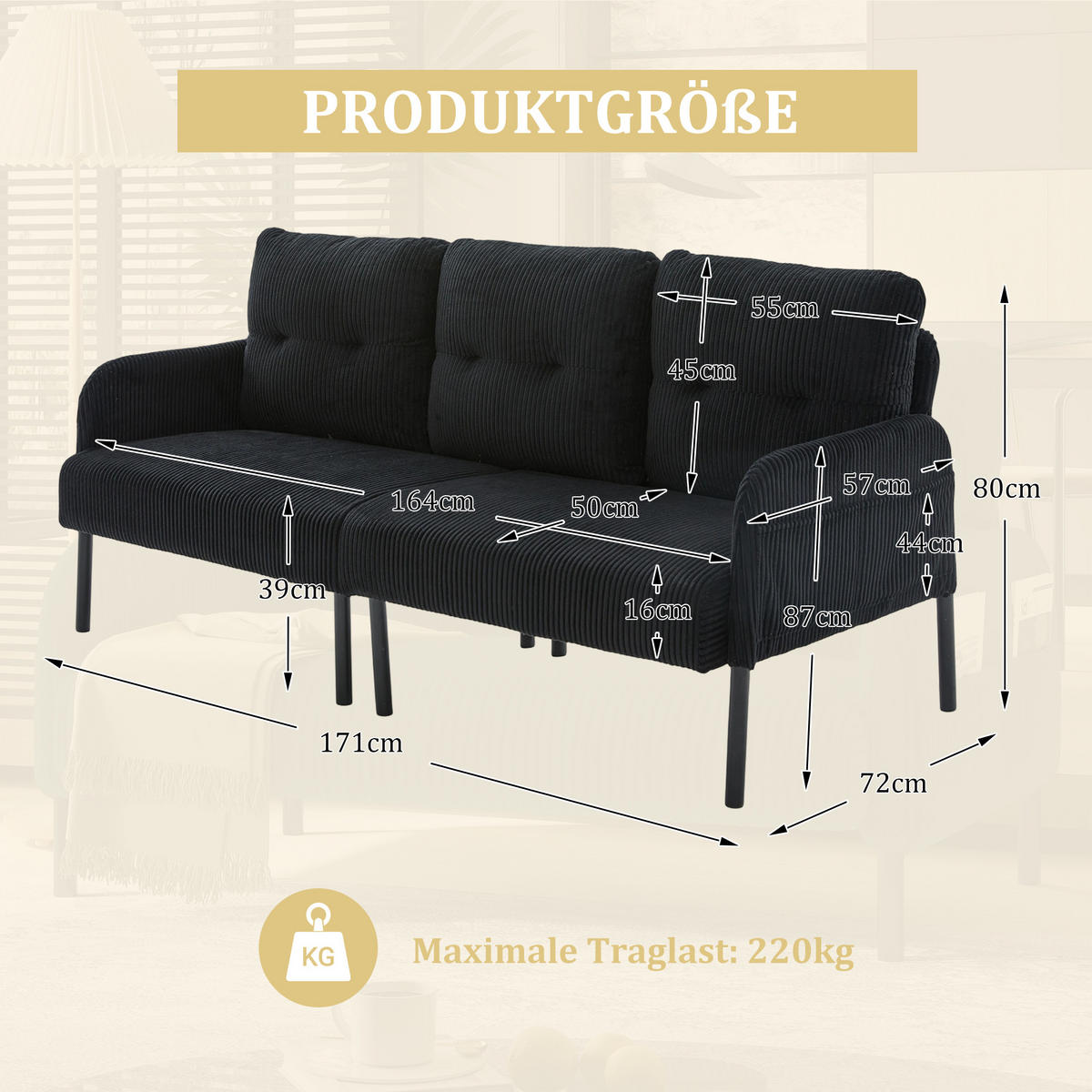 3-SITZER Sofa mit Seitentaschen, Metallgestell & Leinenstoff, 171cm, Schwarz - Schwarz, Textil/Metall (171/80/72cm) - LVHOM