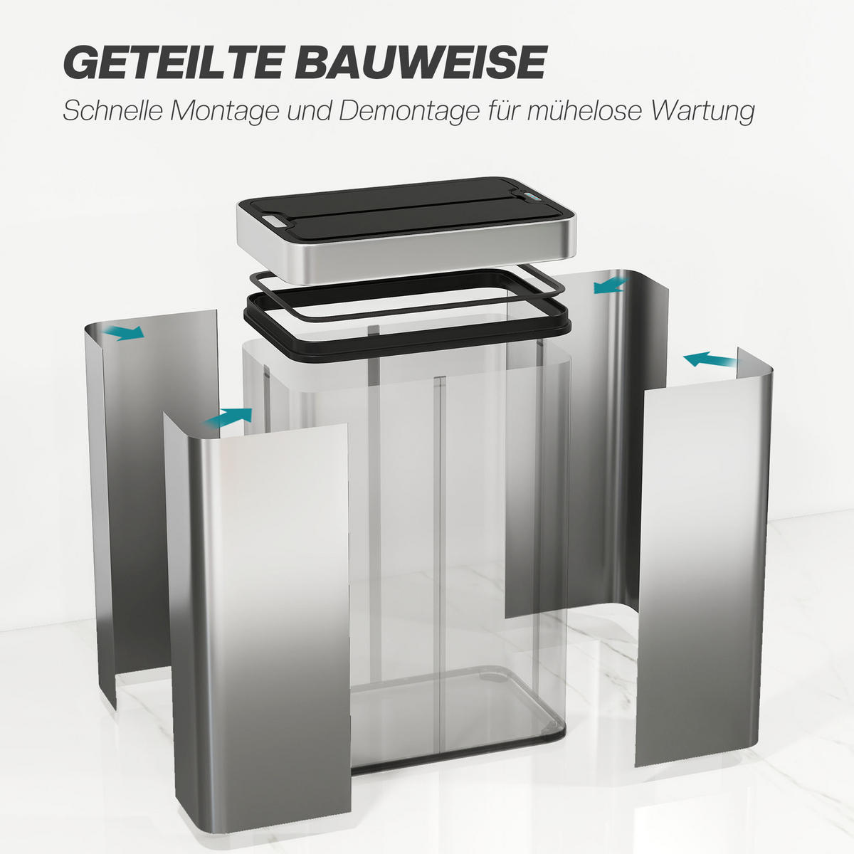 SENSOR Mülleimer 55L Abfalleimer mit Soft-Close-Schmetterlingsdeckel Edelstahl - Silberfarben, Metall (26.5/59/41cm) - HOMCOM