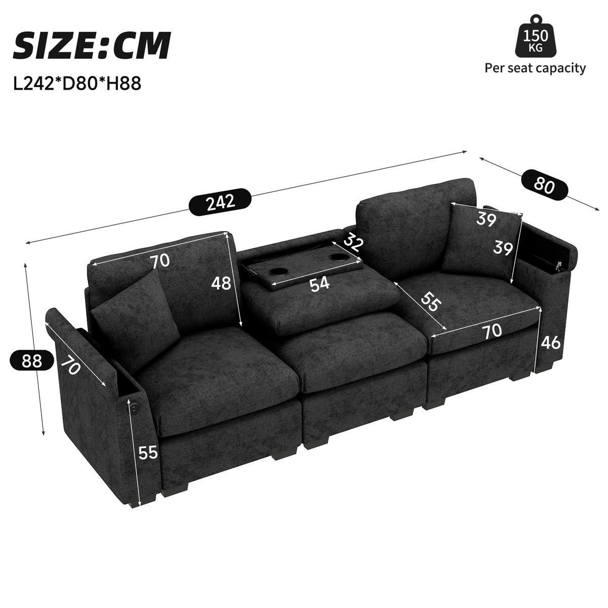 3-SITZER Sofa Chenille mit Klapptisch USB-Anschluss und Stauraum 242/80/88 cm Grau - Grau, Kunststoff/Textil (80/88/242cm) - Redom
