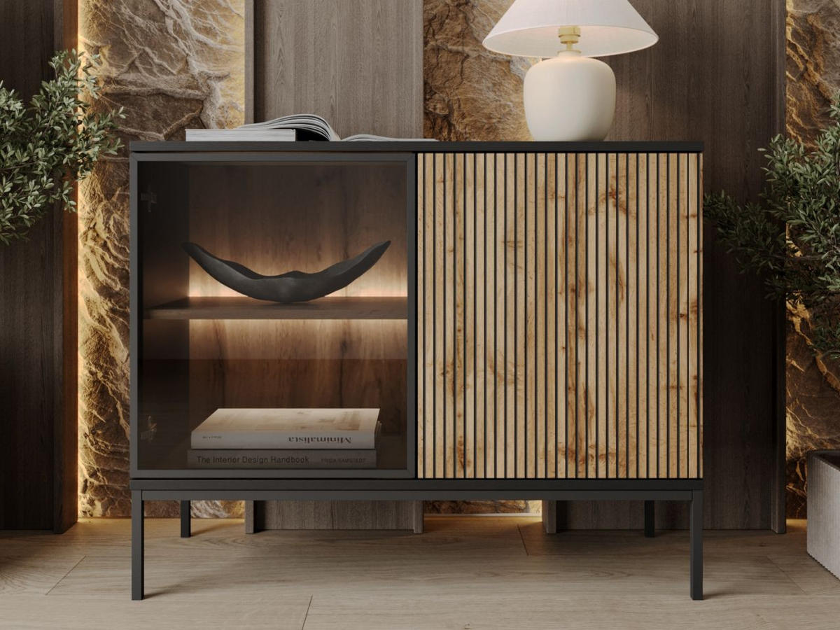 KOMMODE Graphit, Wotan Eichefraben 104/83/39 cm Deo - Eiche Wotan/Schwarz, Naturmaterialien/Glas (104/85/39cm) - Graingold