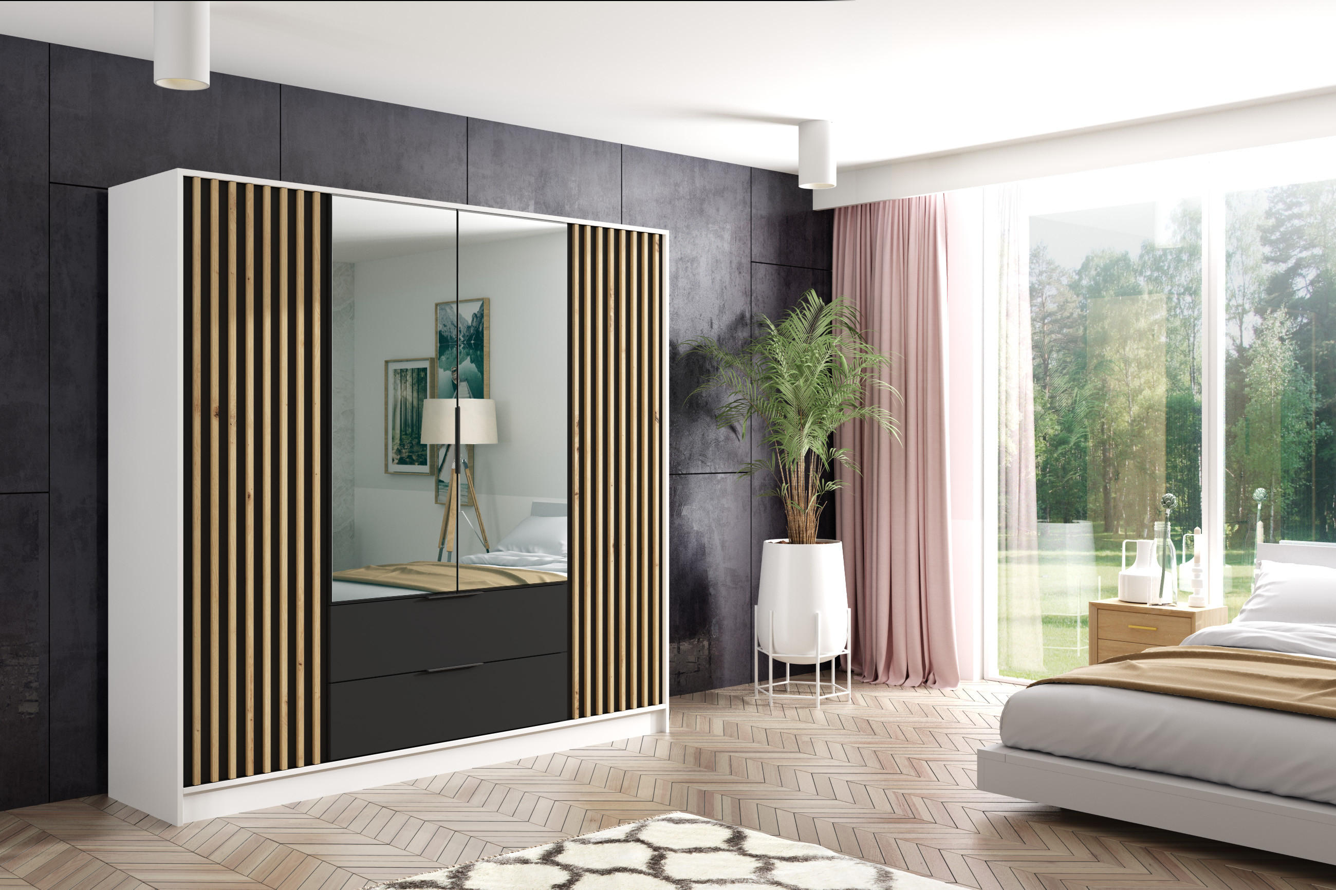 KLEIDERSCHRANK NERA - 200 cm - Weiß|Schwarz|Eiche Artisan - Schwarz/Weiß, Holzwerkstoff (200/200/51cm) - ALTDECOR