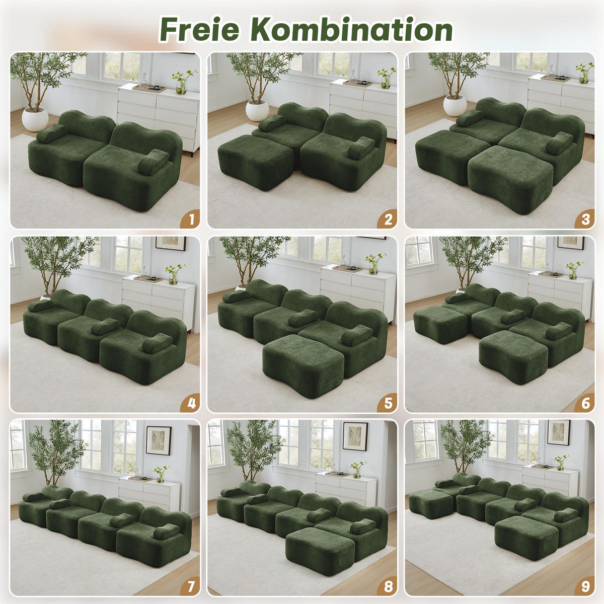 3-SITZER Sofa 288×98×70 cm Samt rahmenlos modular, grün - Grün, Textil (98/70/288cm)