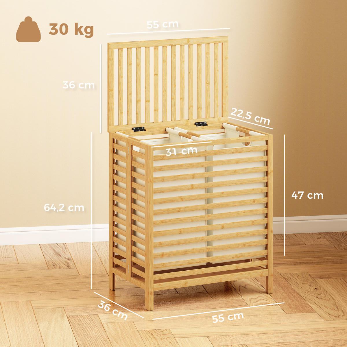 WÄSCHEKORB Bambus Polyester Naturholz Cremeweiß - Naturfarben, Holz/Bambusholz (36/64.2/55cm) - HOMCOM