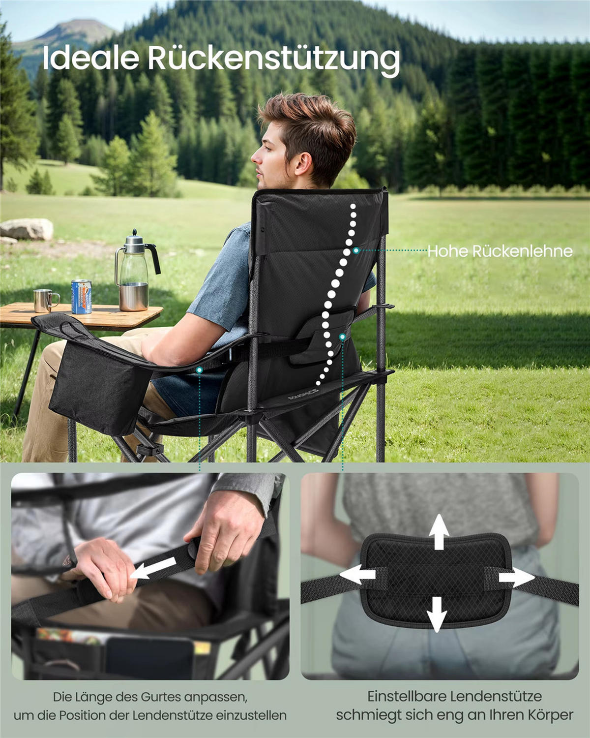 CAMPINGSTUHL Klappstuhl mit Getränkehalter 205 kg - Schwarz, Metall (58/99.5/63cm) - Coonoor