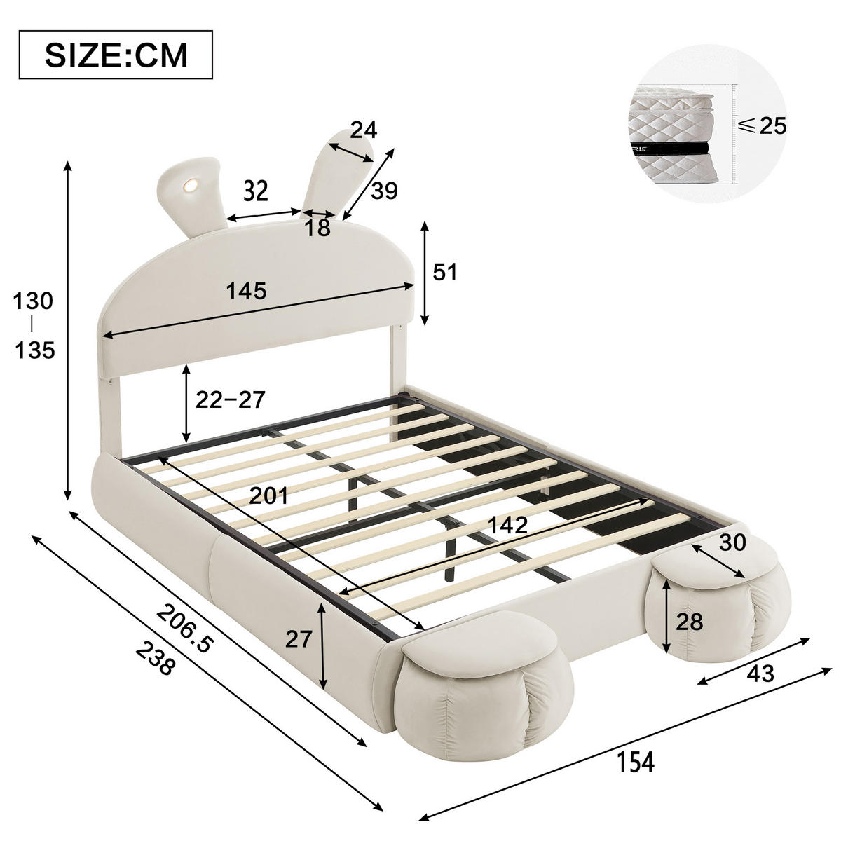 KINDERBETT 90/200 cm DE-00358, in Rosa, LED-Hasenohren und zwei Aufbewahrungshockern - Beige, Holz (140/200cm) - ComfortXL