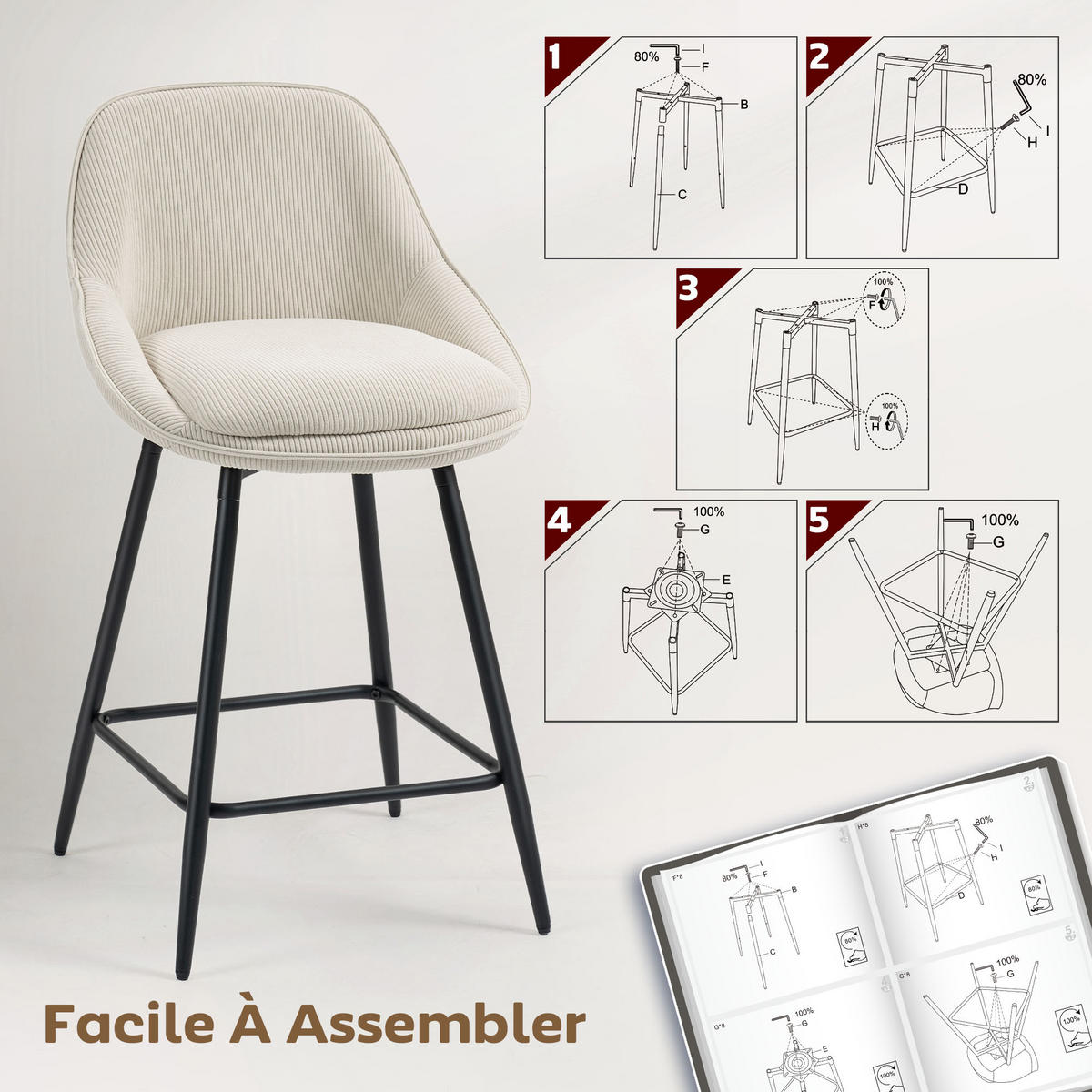 BARHOCKER 2er-Set DE-14787 360° schwenkbar & gepolstert Creme - Creme, Metall (49/88/52cm) - ComfortXL