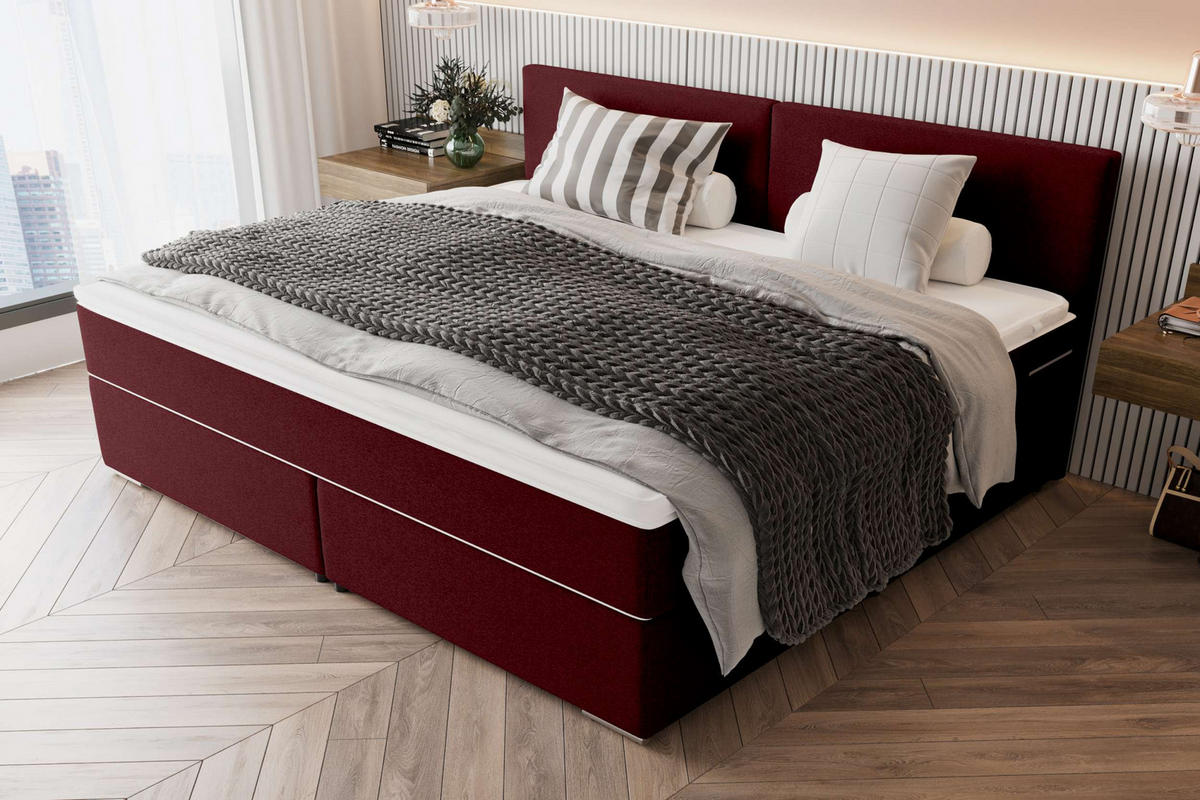 FAMILIENBETT BOXSPRINGBETT Webstoff Bordeaux 220/200 cm - Chromfarben/Bordeaux, Kunststoff/Textil (220/200cm) - 99rooms