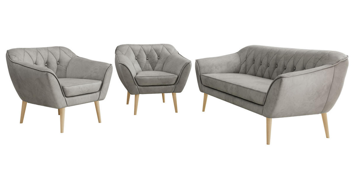 SEDACÍ SOUPRAVA 3+1+1 PIRS - Světle šedá Samet - Dřevěné nohy - světle šedá/barva buku, kompozitní dřevo/textil (180/75/74cm) - MKS