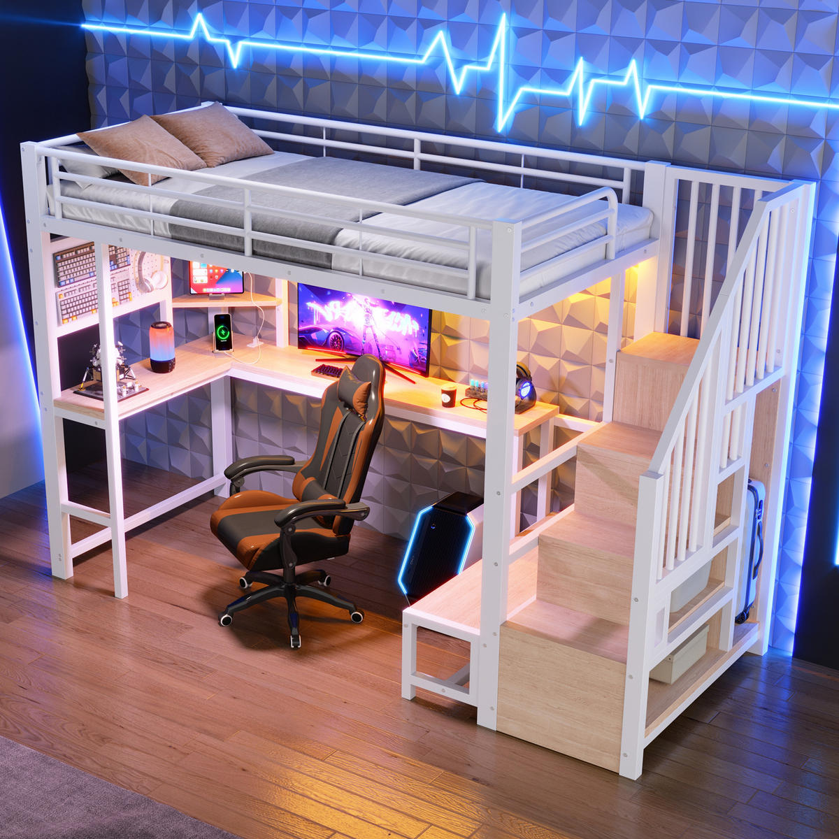 HOCHBETT 90/200 cm Weiß mit Schreibtisch, trapezförmiger Schrank und LED-Beleuchtung - Weiß, Metall (90/200cm) - Oxeza