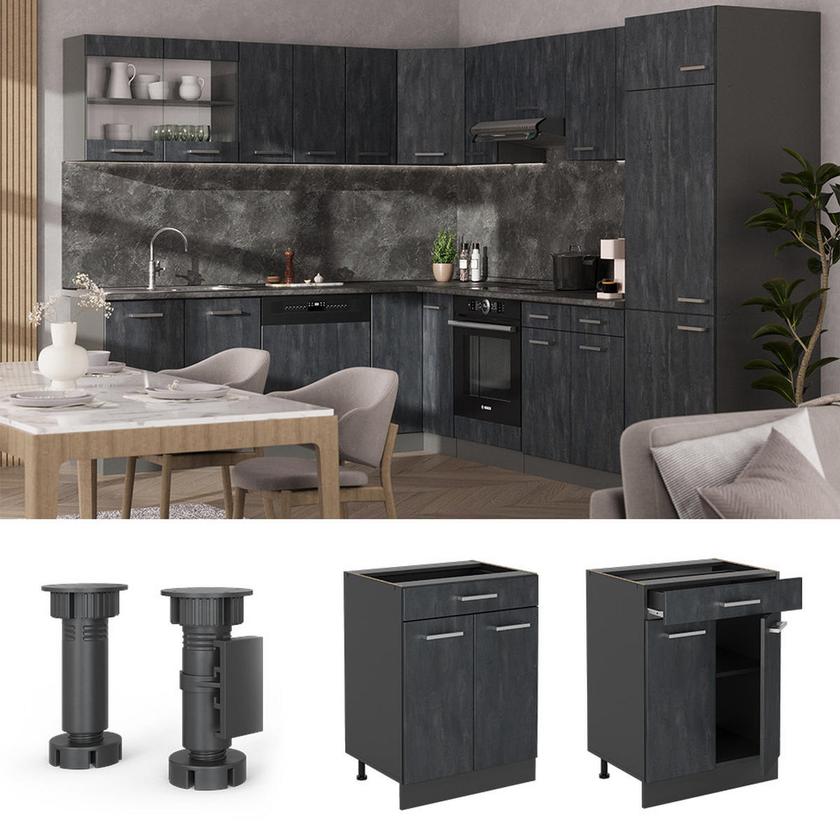 KÜCHENUNTERSCHRANK R-Line Schwarz Beton 80 cm AP Marmor - Anthrazit/Schwarz, Holzwerkstoff (60/81.6/60cm) - Vicco