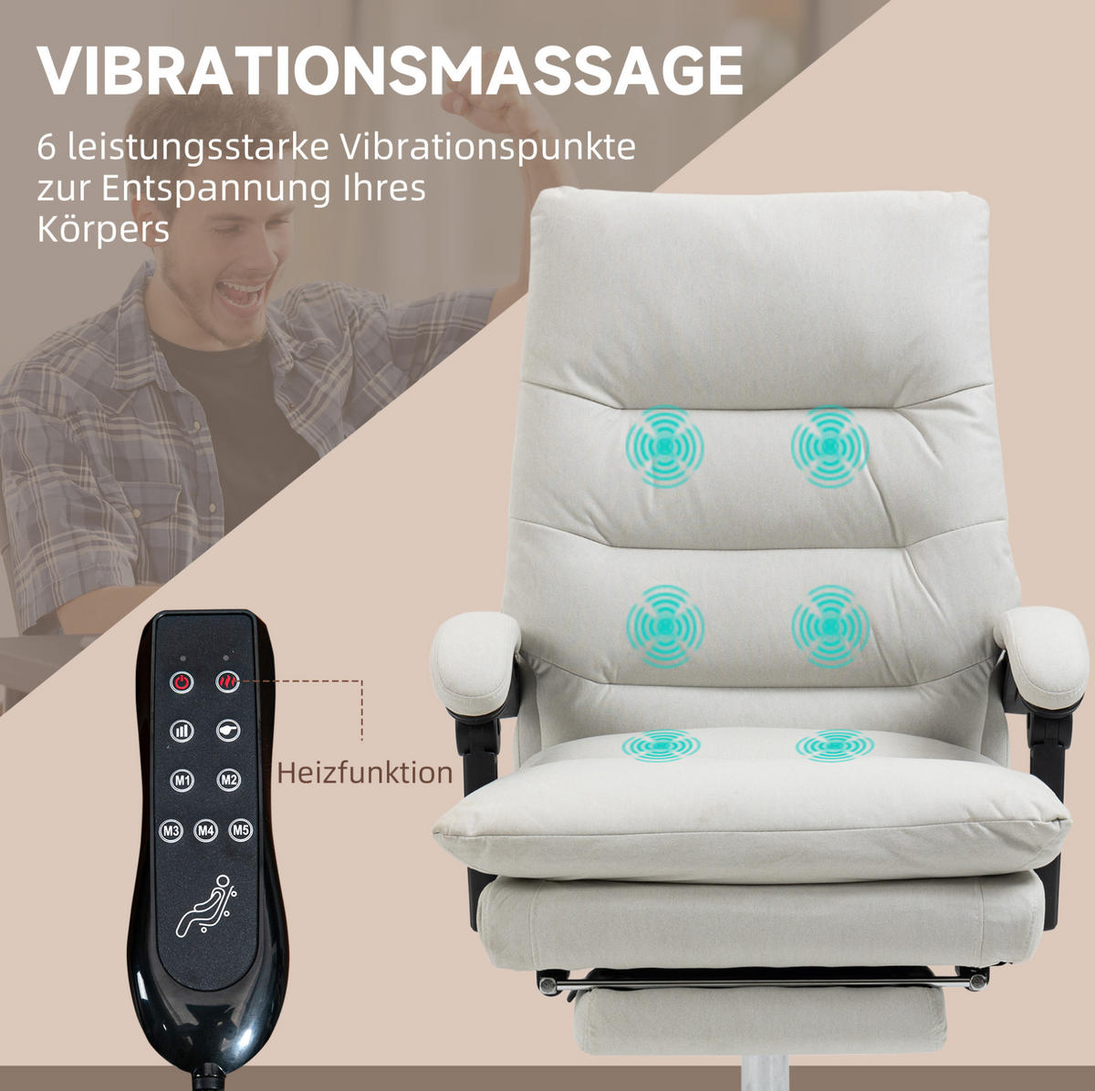 GAMINGSTUHL 65/72/109–117 cm, Massagefunktion, 135° neigbar, höhenverstellbar, cremeweiß - Creme, Kunststoff (72/117/65cm) - Redom