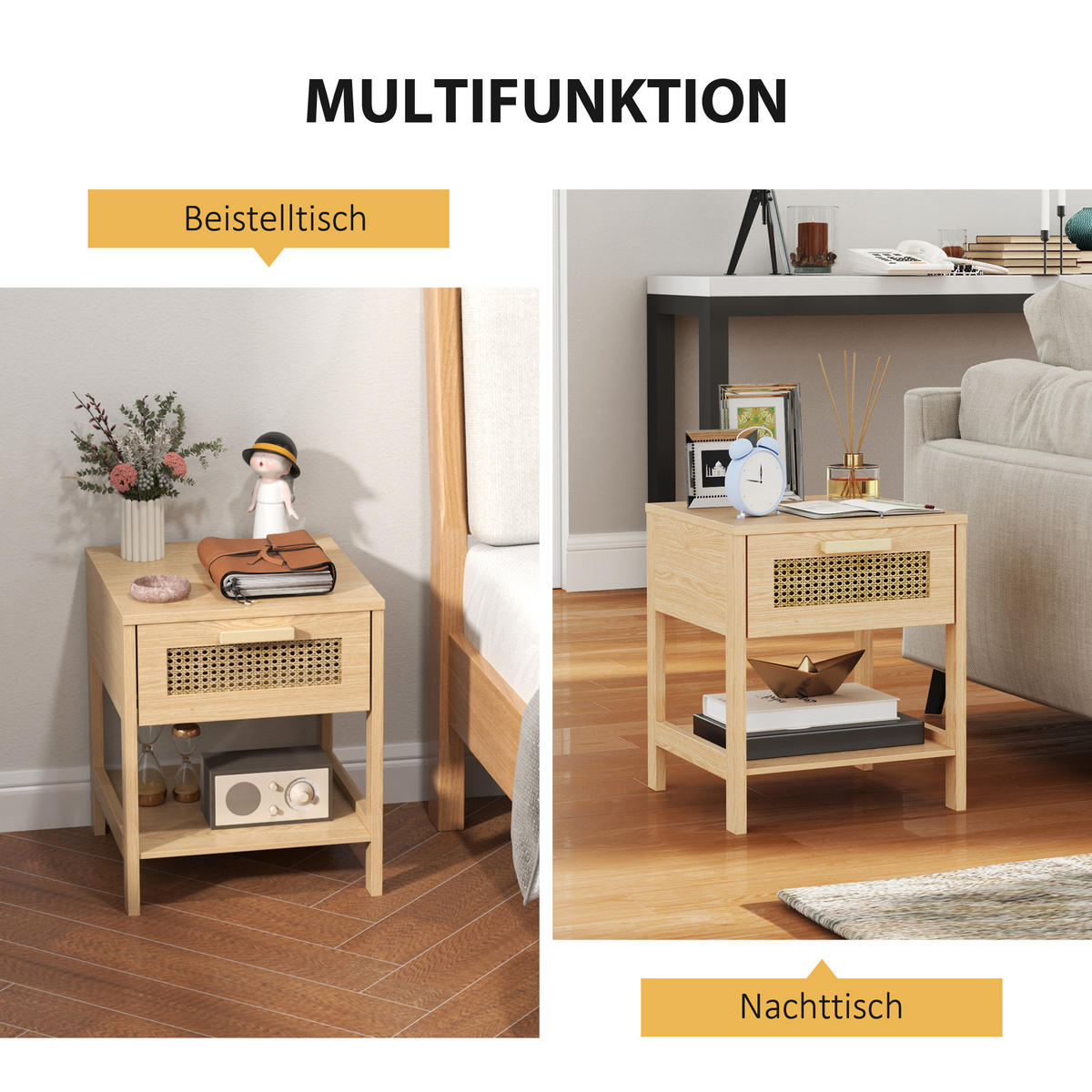 NACHTTISCH mit Schublade, Natur 40 x 40 x 48,4 cm - Naturfarben, Holz (40/48.4/40cm) - HOMCOM