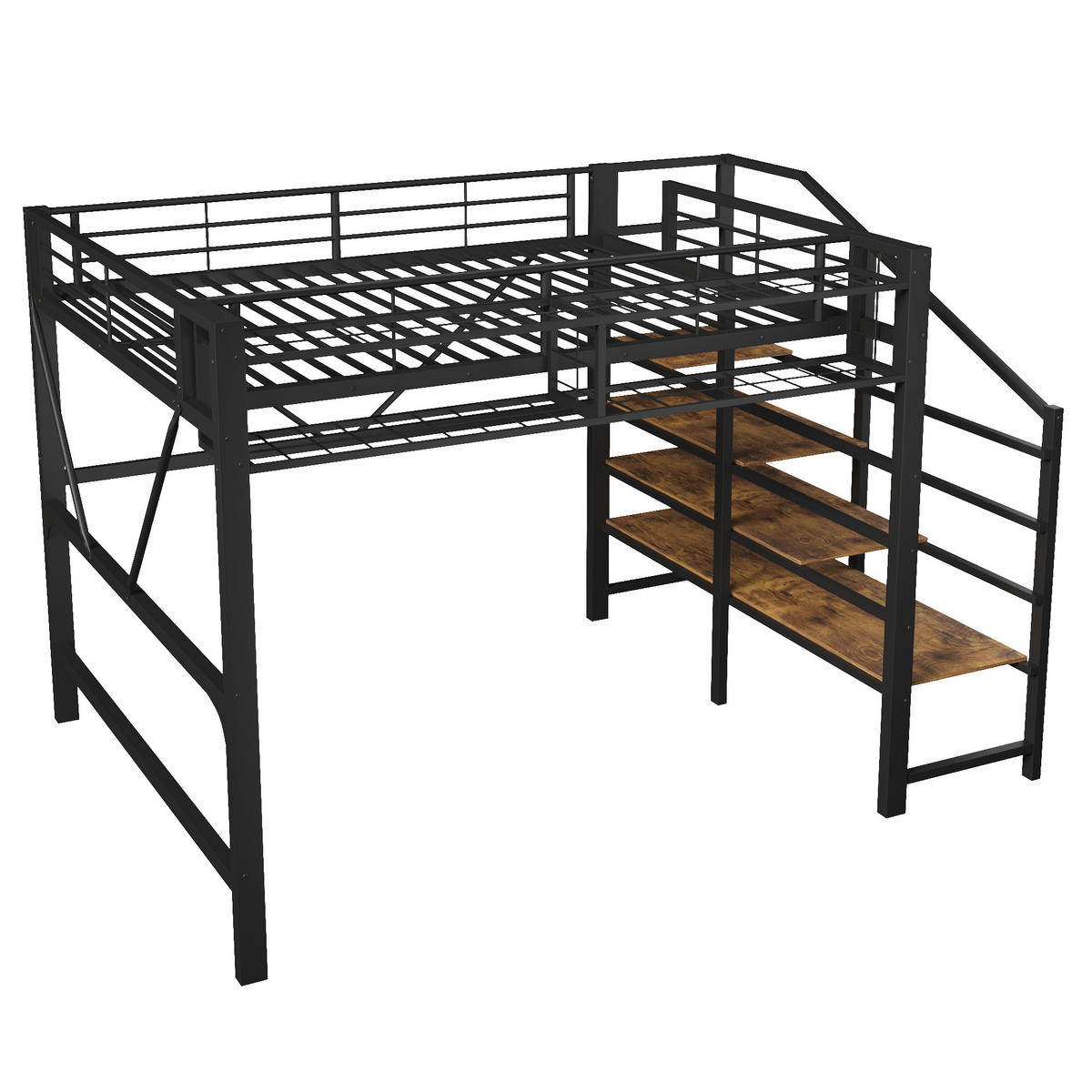 HOCHBETT 140/200 cm in Schwarz mit LED, Regal und Aufbewahrungskorb - Schwarz, Holzwerkstoff/Metall (140/200cm) - WISHDOR