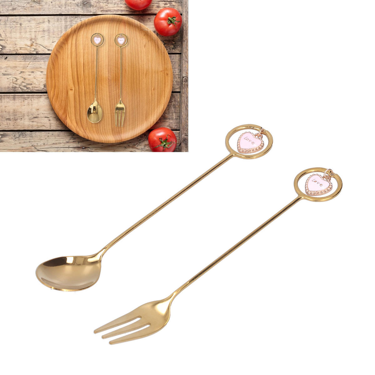 ANHÄNGER-BESTECK-SET 2-teiliges Löffel Gabel mit Aufbewahrungsbox - Goldfarben, Metall