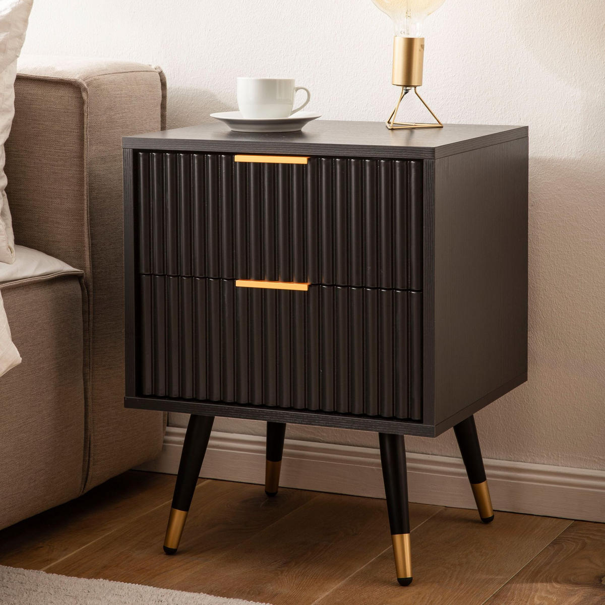 NACHTTISCH – Schwarz/Eiche-Dekor, 43,5x39x56 cm, mit Schubladen, modern - Goldfarben/Schwarz, Holzwerkstoff/Metall (44/56/39cm) - KADIMA DESIGN