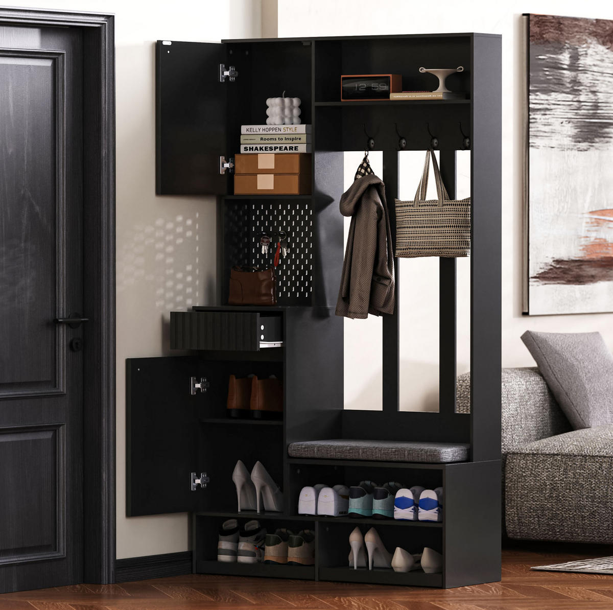 GARDEROBENSET mit Sitzbank 100 x 35 x 180 cm MDF Black 6-in-1 - Schwarz, Holzwerkstoff (35/180/100cm) - Beauniv