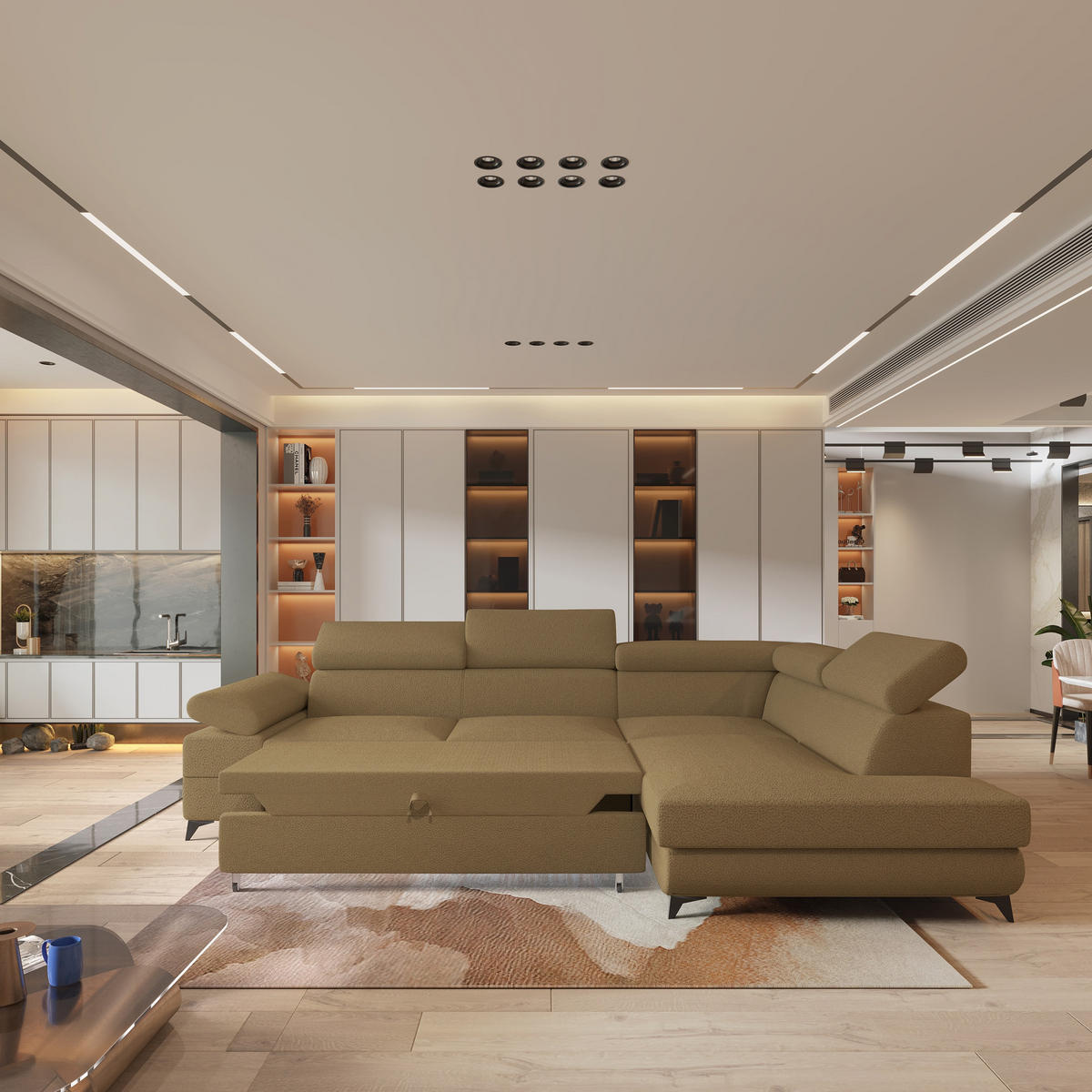 ECKSOFA FAVIEN R-S Orange Boucle-Stoff mit Schlaffunktion - Orange, Holz (257/190cm) - MASSENO