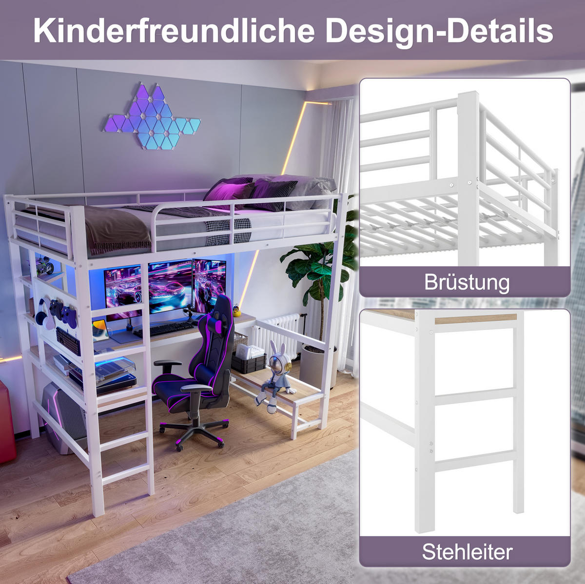HOCHBETT 90/200 cm aus Metall und MDF mit Schreibtisch, LED und USB-C Weiß - Weiß, Metall (90/200cm) - Modenvie