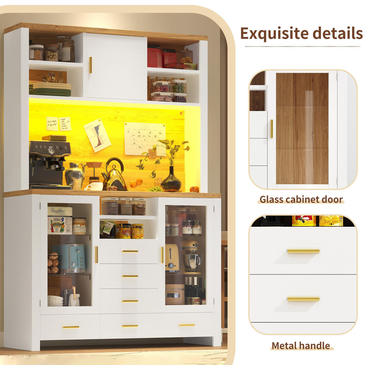BUFFET 120/180/40 cm Weiß mit Holzdekor aus MDF und Glas mit LED-Lichtleiste - Weiß, Holzwerkstoff (40/188/120cm) - OKMYHOME