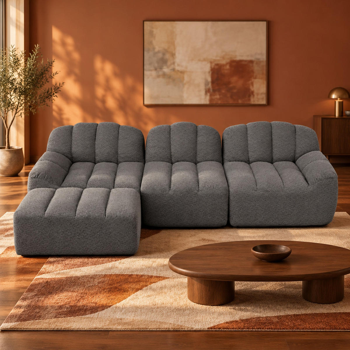 MODULARES Ecksofa mit Ottomane aus granuliertem Fleece Grau 288x165x79 cm, als 3-Sitzer stellbar - Grau, Textil (165/288cm) - IVMEU