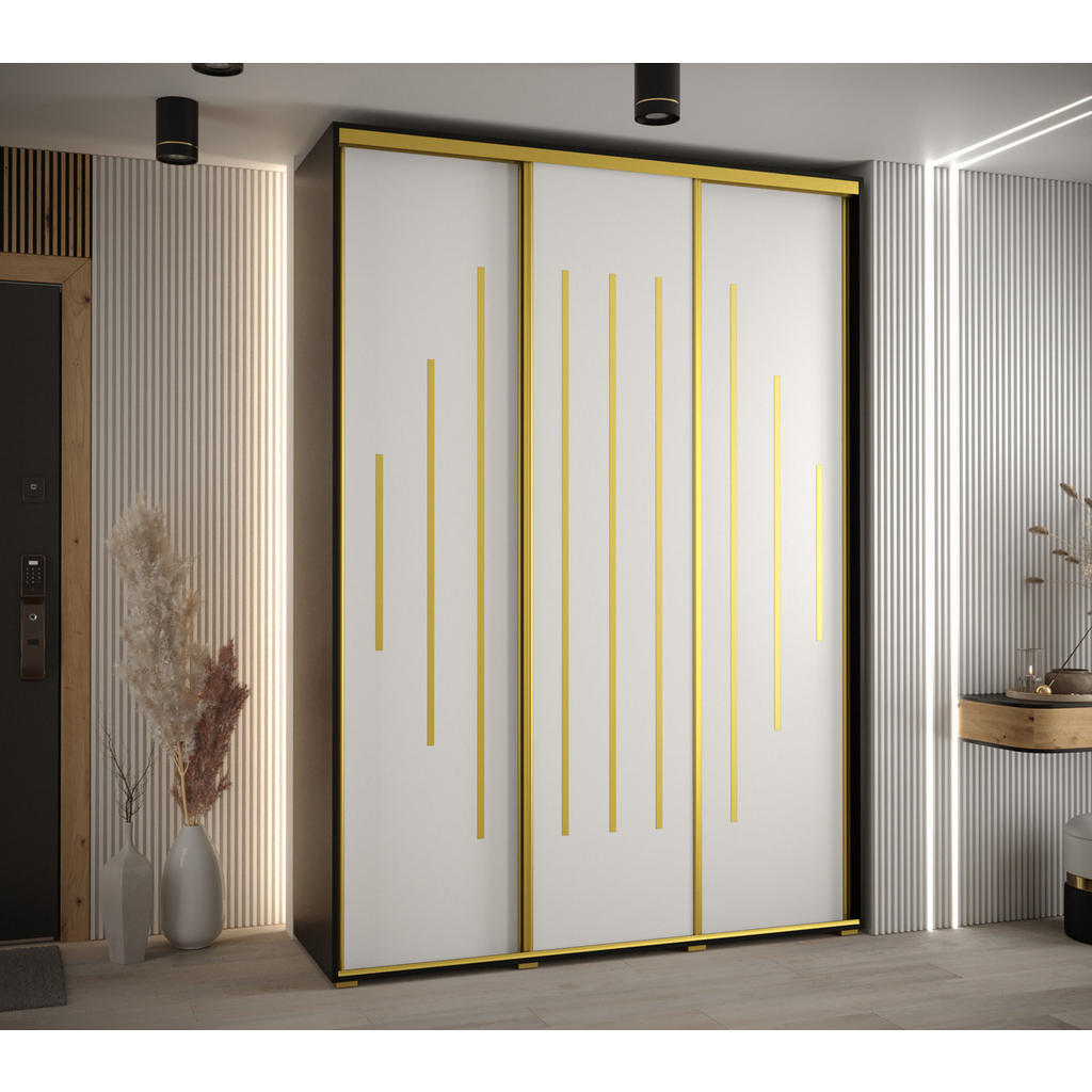 Thumbnail - Abiks Möbel Schwebetürenschrank, Schwarz, Weiß, Gold, Metall, Nachbildung, 6 Fächer, 170x235x45 cm, Schlafzimmer, Kleide...
