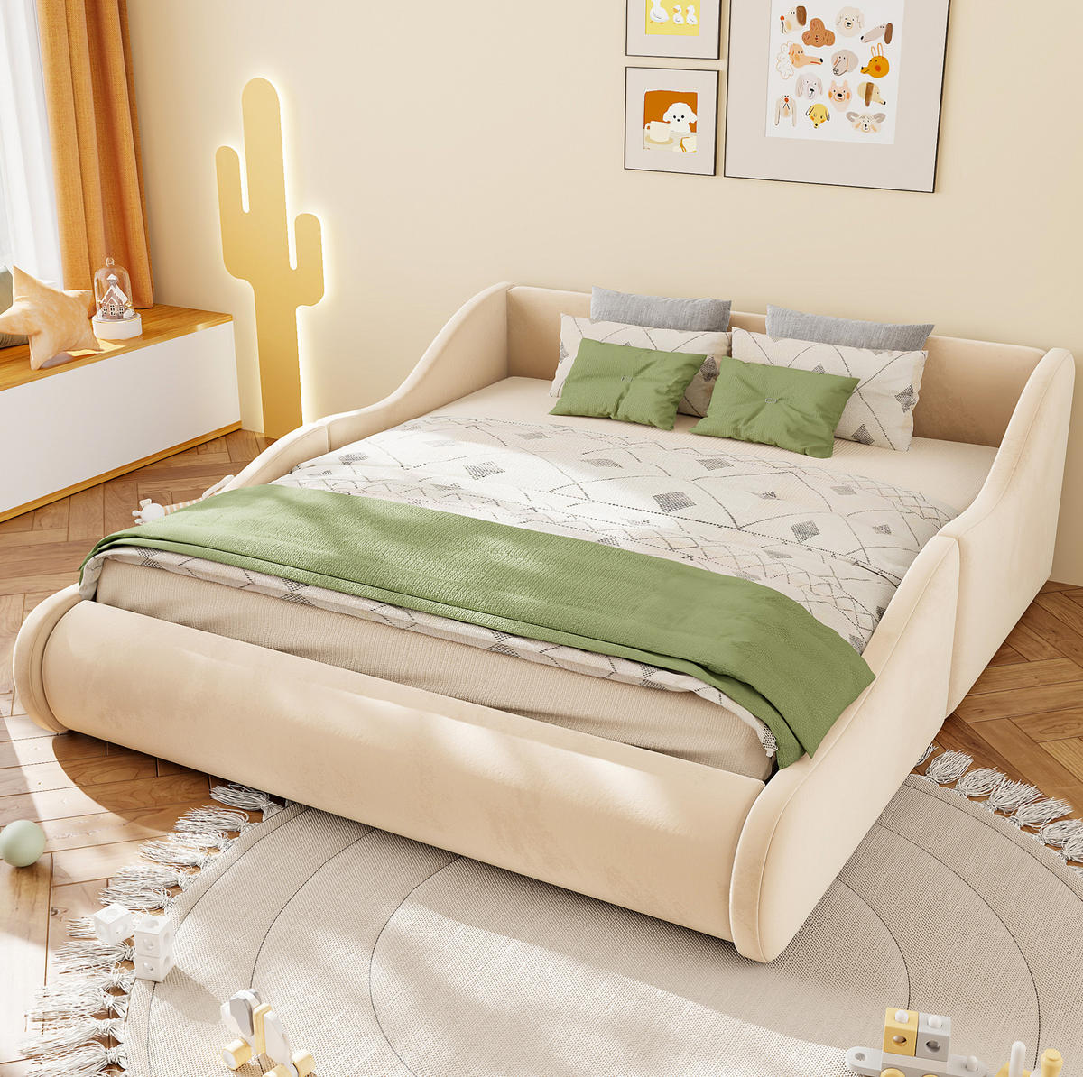 POLSTERBETT 140/200 cm in Beige mit Samtbezug und Seitenschutzgittern - Beige, Textil (140/200cm) - Flora Grace