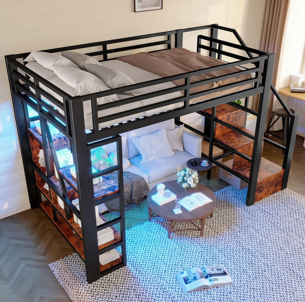 HOCHBETT 140/200 cm aus Metall und MDF mit LED-Lichtleiste und Stauraum Schwarz - Schwarz, Holzwerkstoff (140/200cm) - Modenvie