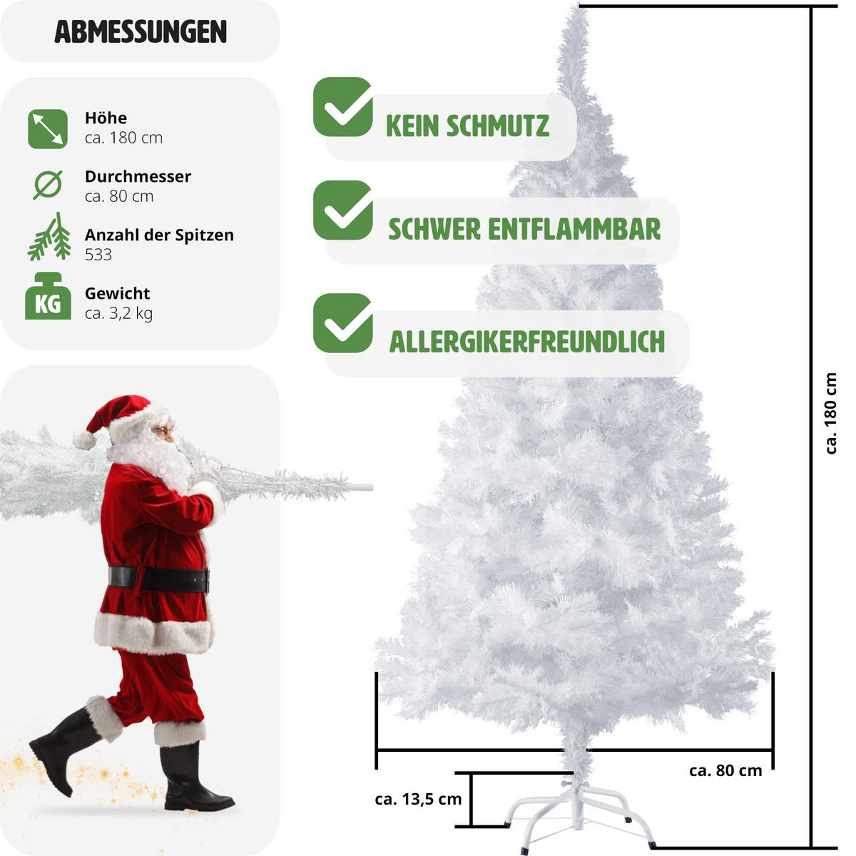 WEIHNACHTSBAUM ,inklusive Metallständer mit Kunststoffkappen,weiß - Weiß, Kunststoff (180cm) - tectake