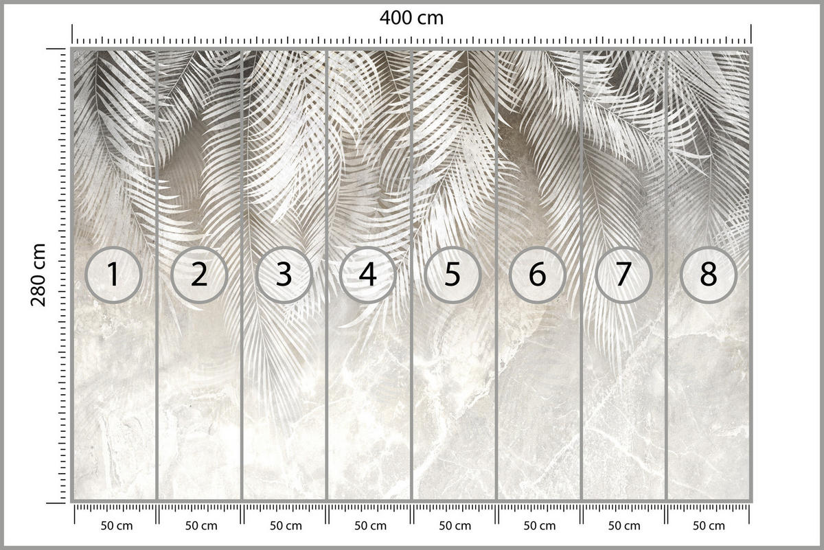 FOTOTAPETE für Schlafzimmer Vintage Palmenblätter auf Marmor Beige 400x280 - Weiß/Grau, Papier (400/280cm) - Muralo