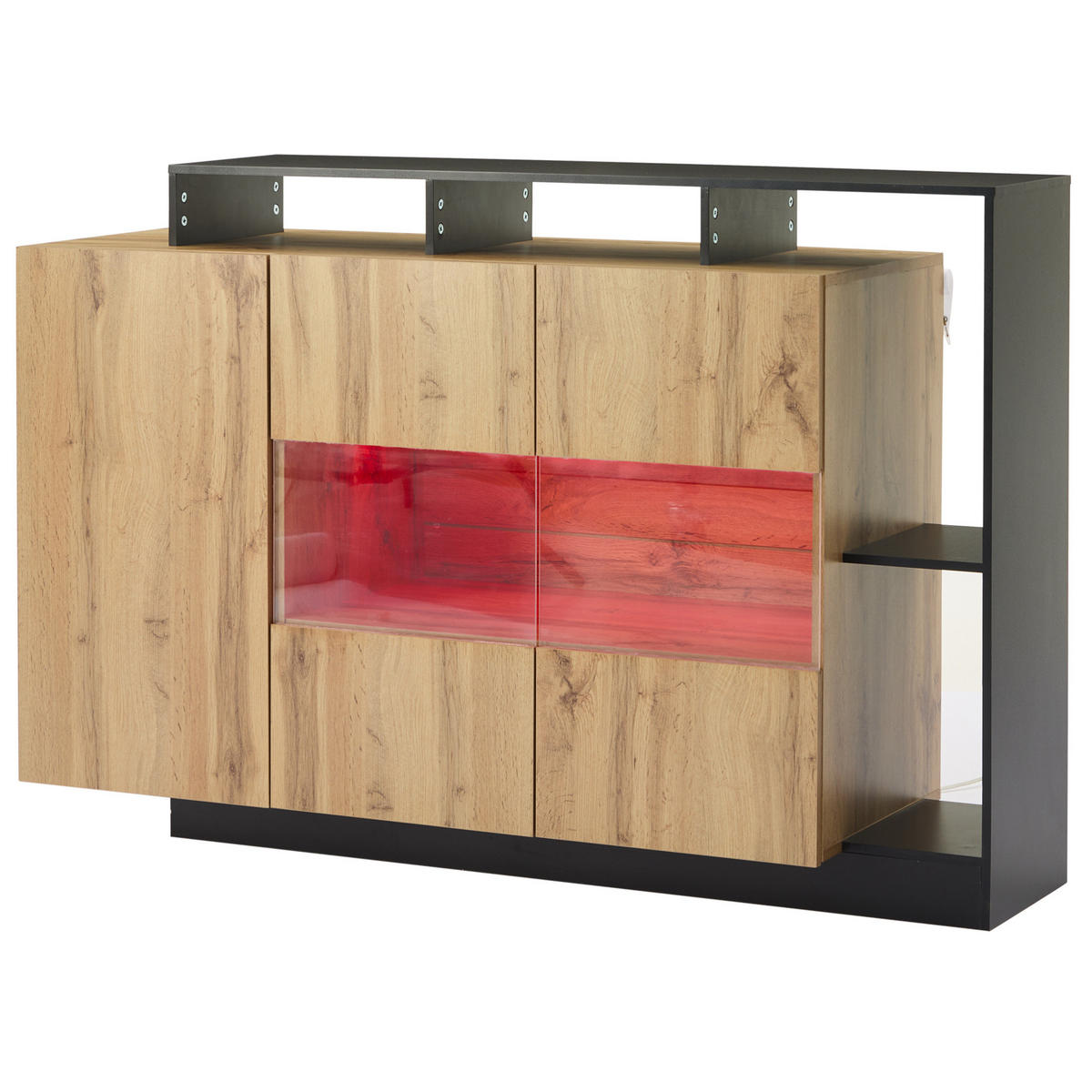 KOMODA 140/44/93,5 cm v barvi lesa s črnim okvirjem z LED-osvetlitvijo in nastavljivimi policami iz MDF in akrila - naravne barve, leseni material (140/93.5/44cm) - OKWISH