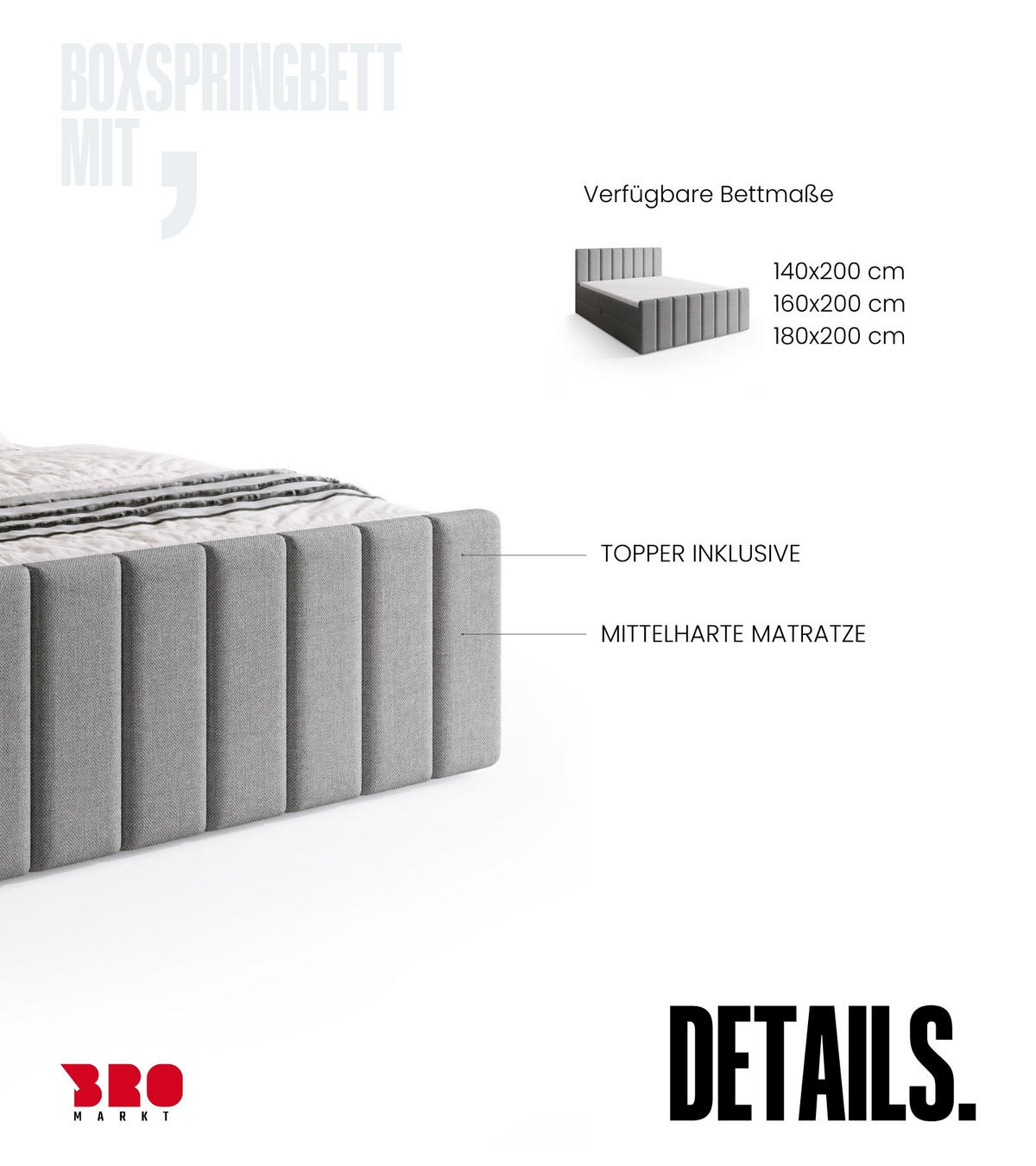 BOXSPRINGBETT Denver DUO mit Topper 140x200 Grau - Hellgrau, Textil (140/200cm) - Bromarkt