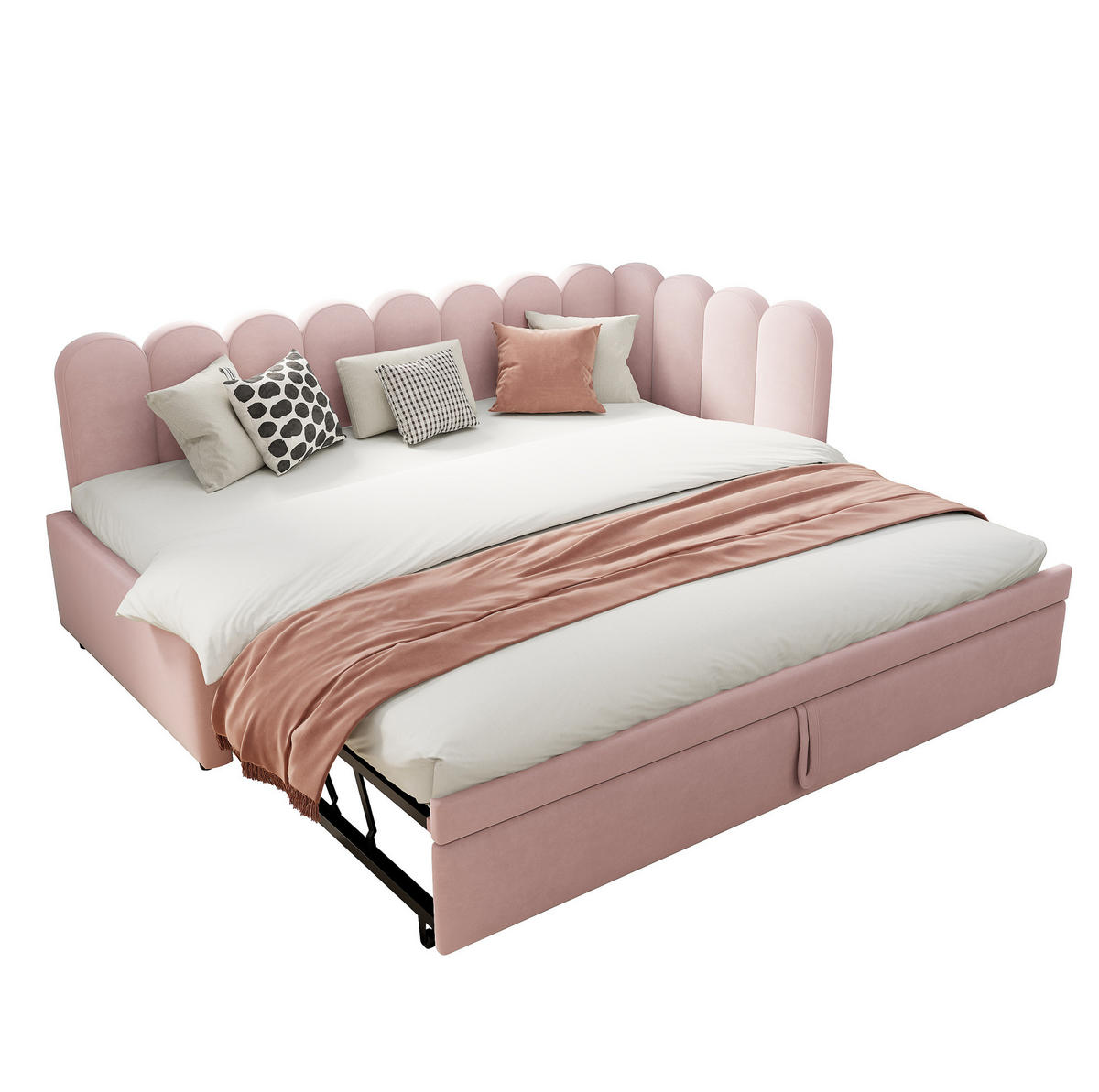 SAMT-POLSTERBETT 90/200 cm in Rosa mit Ausziehbett und gepolstertem Kopfteil - Rosa, Textil (90/200cm) - BEAOK
