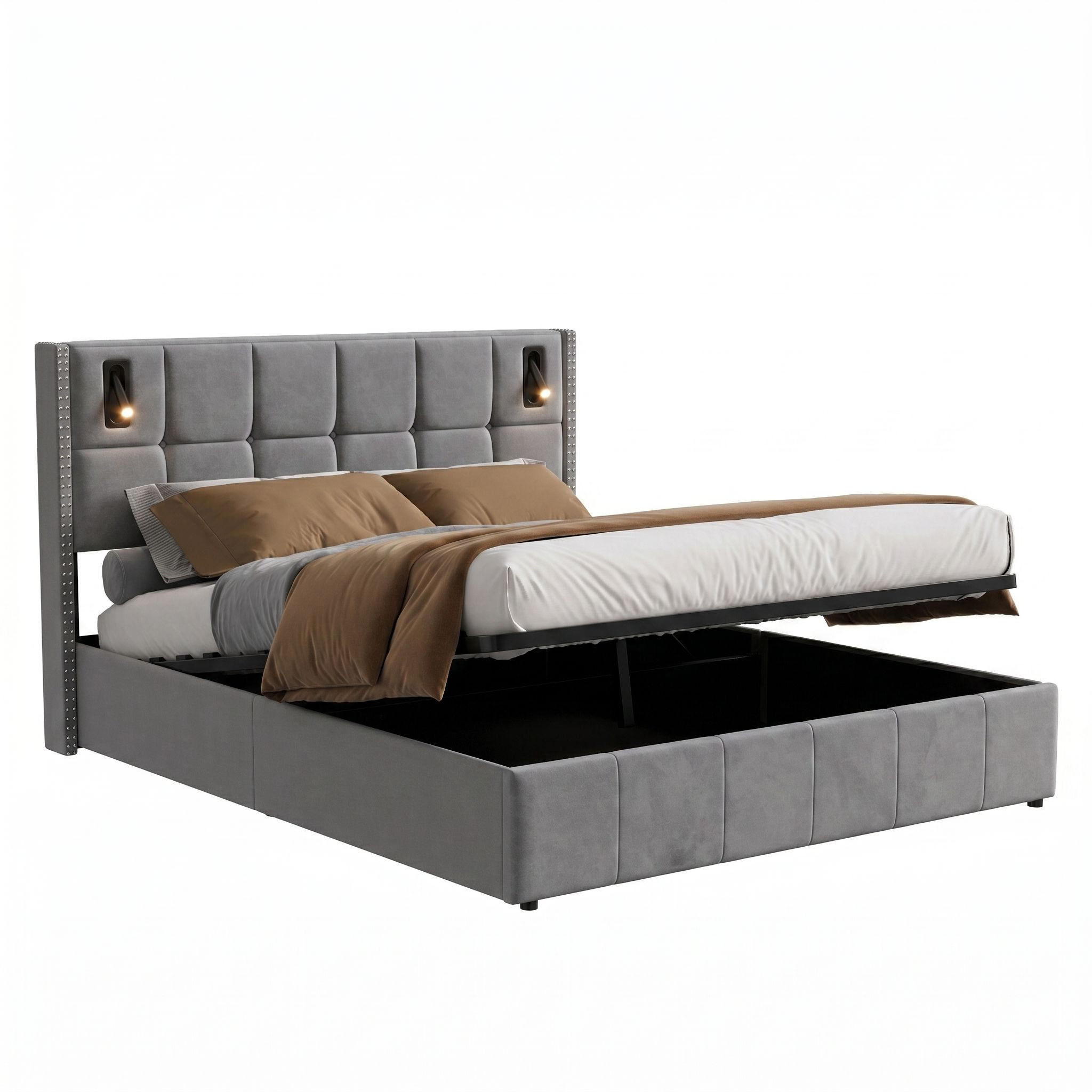 BETT mit Stauraum 140/200 cm, mit 2 zylindrischen LED-Lampen, Stauraum, USB-A/C-Aufladung, Holzlattenrost, Metallrahmen, gepolstertes Samtbett – Grey - Grau, Holzwerkstoff (140/200cm) - Brevoria