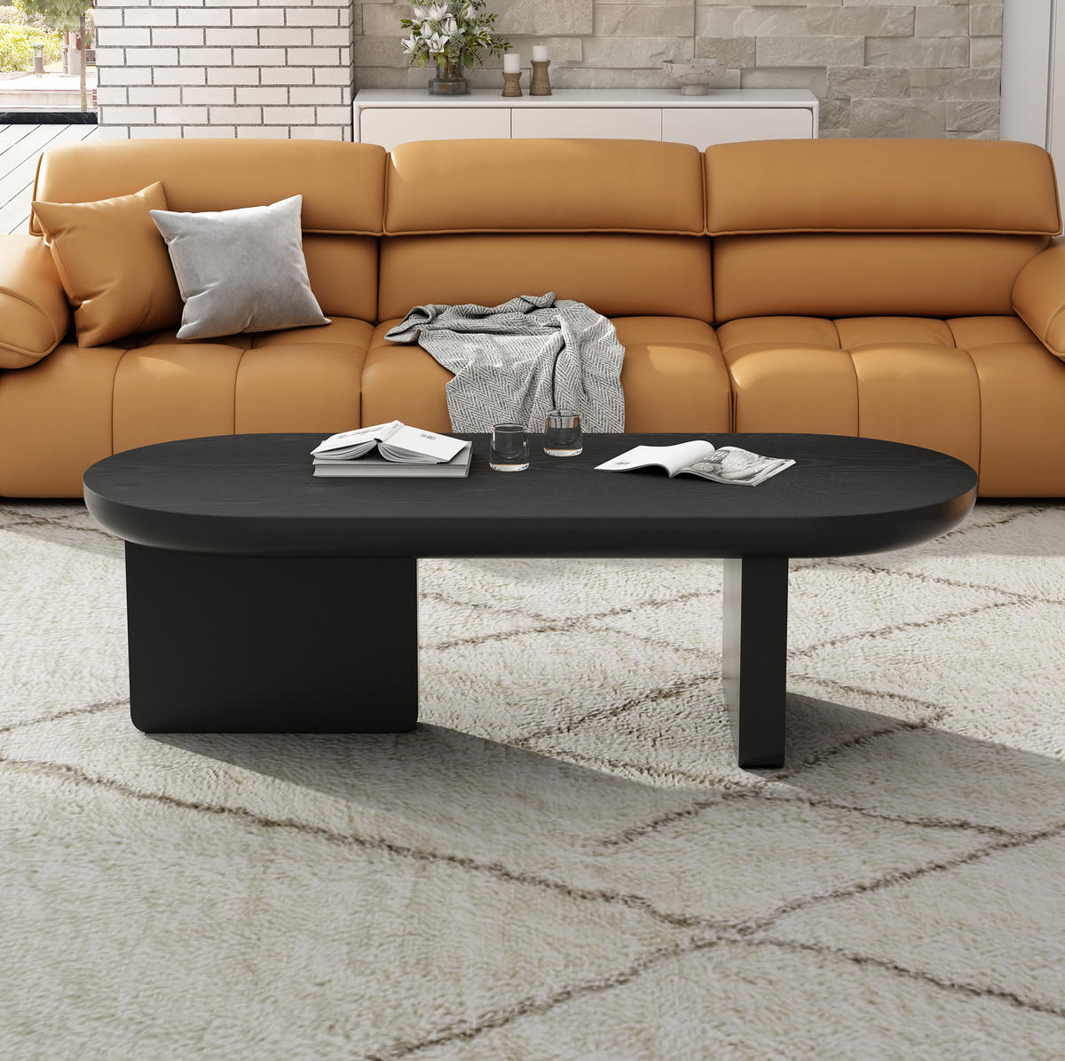 COUCHTISCH 119,7/49,8/35,5 cm Schwarz aus MDF mit ovaler Platte - Schwarz, Holzwerkstoff (49.8/119.7/35.5cm) - OKWISH