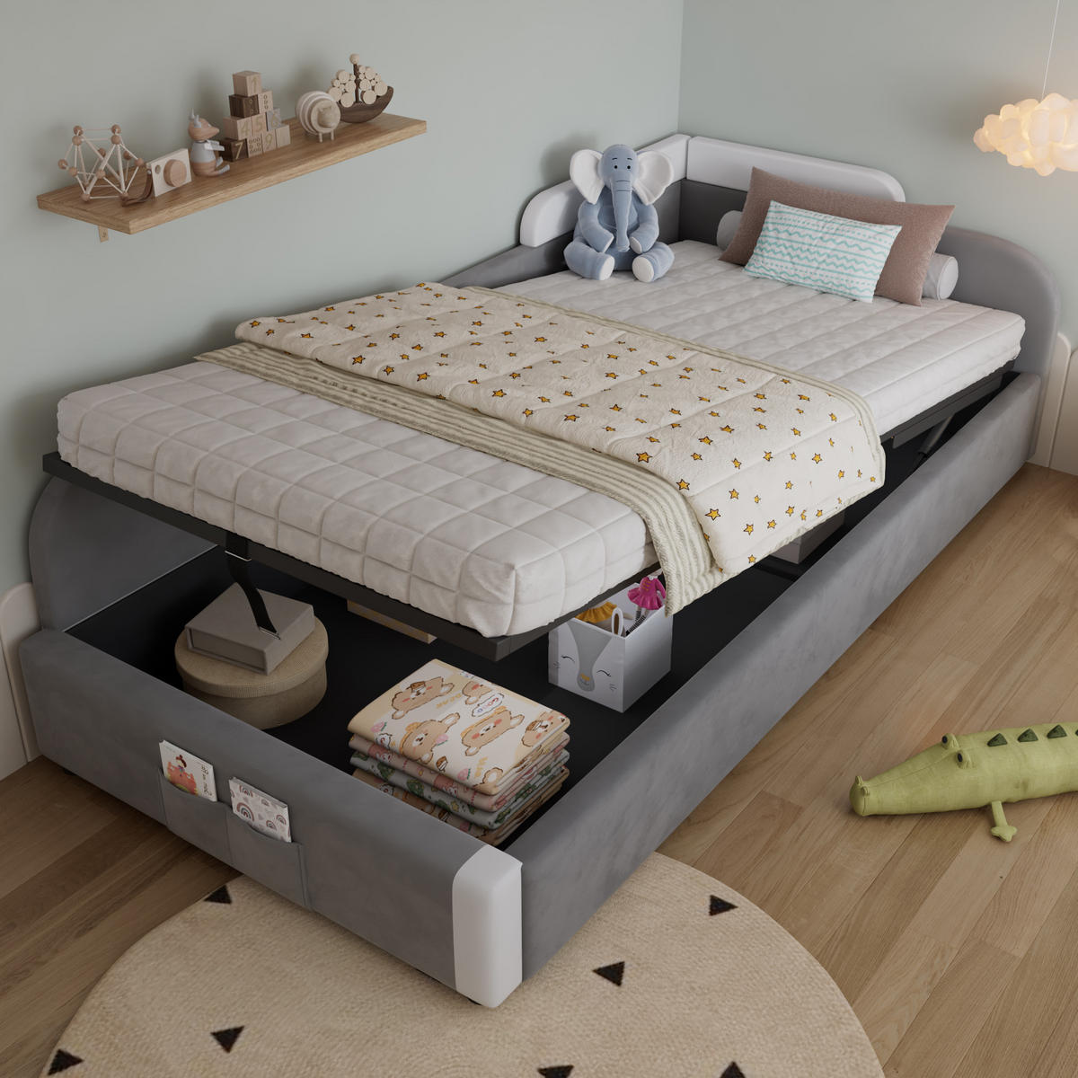 KINDERBETT 90/200 cm in Weiß & Grau Samt mit Bettkasten und Aufbewahrungstasche - Weiß/Grau, Holzwerkstoff/Textil (90/200cm) - WISHDOR