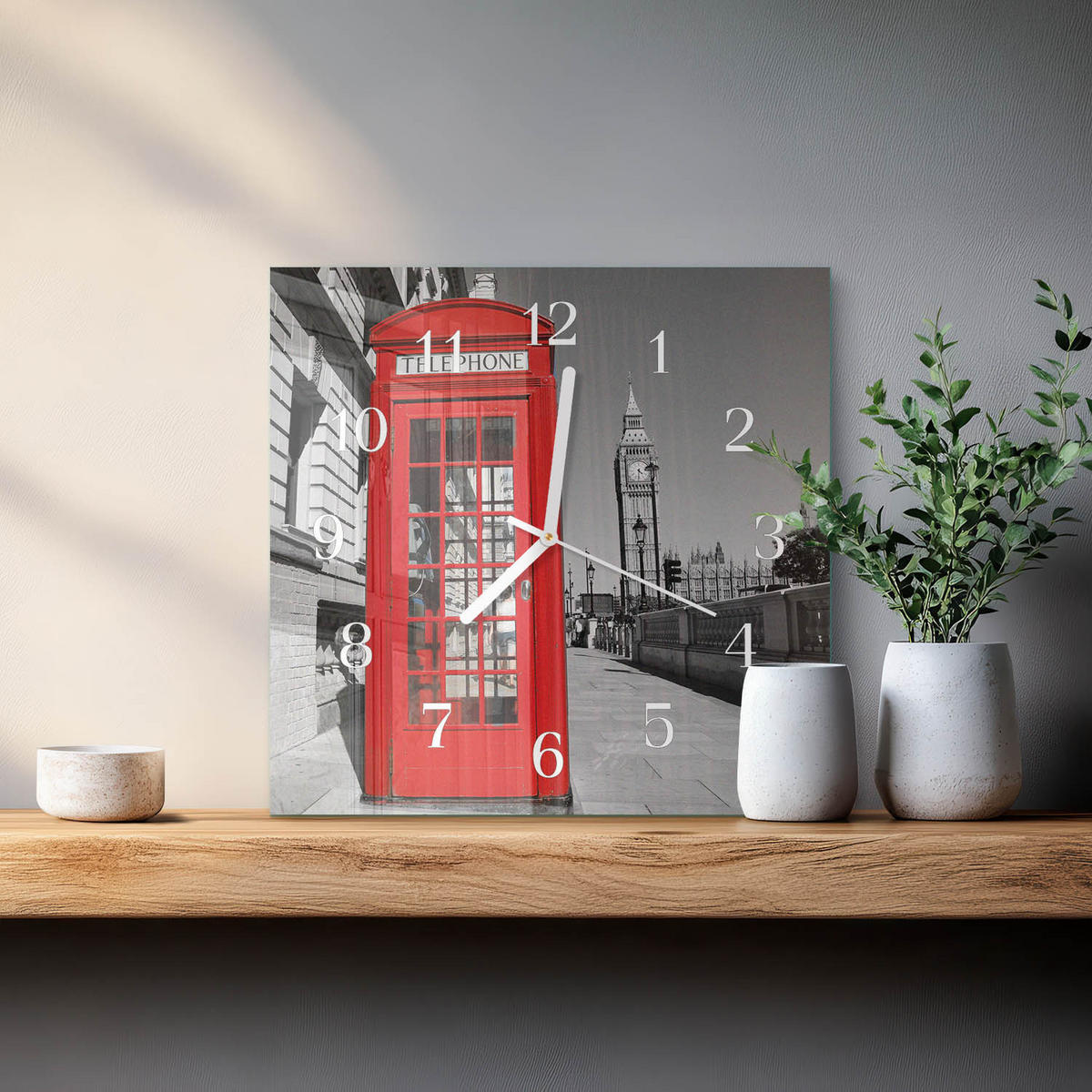 WANDUHR 30x30 cm - Rote Telefonzelle - Rot, Glas (30/30/0.4cm) - TULUP
