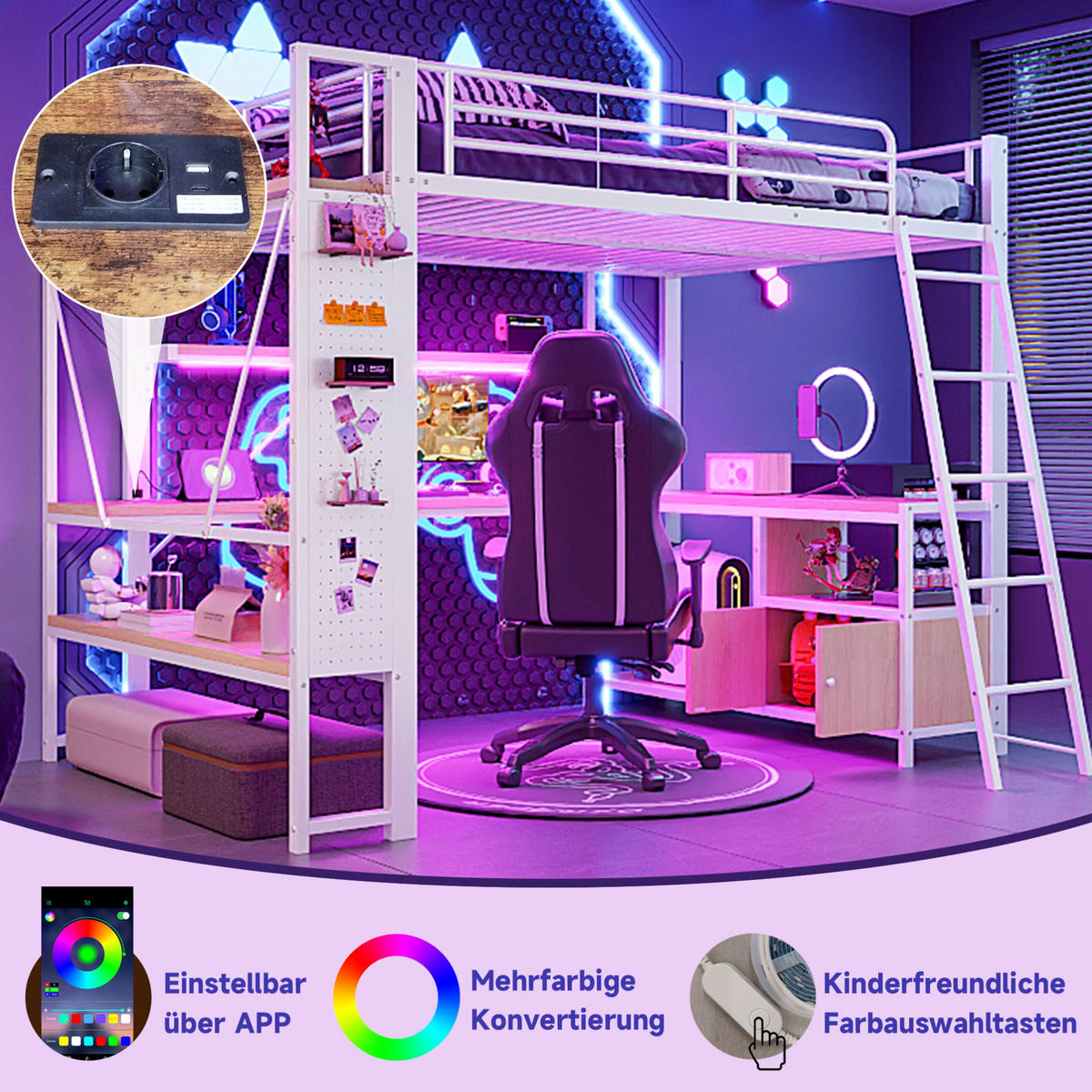 HOCHBETT mit Schreibtisch 140/200 cm in Weiß – mit Stauraum, Regalen und LED - Weiß, Metall (140/200cm) - BEAOK